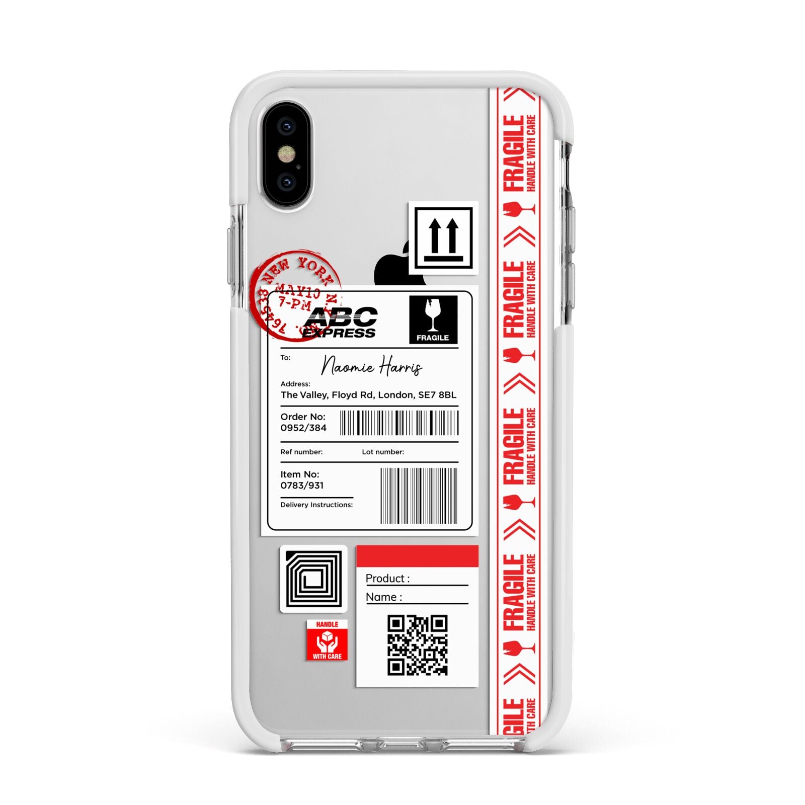 Fragile Delivery Labels with Name Apple iPhone Xs Max Impact Case White Edge on Silver Phone