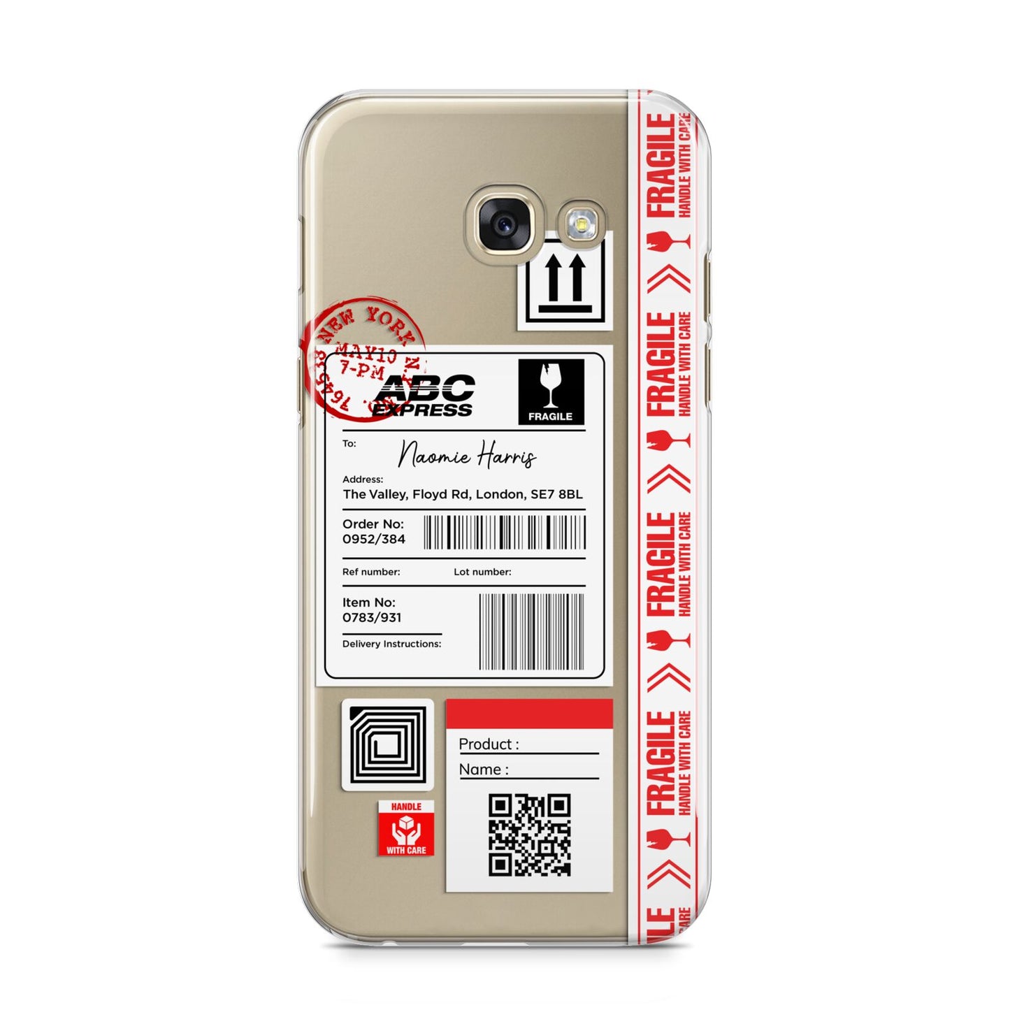 Fragile Delivery Labels with Name Samsung Galaxy A5 2017 Case on gold phone