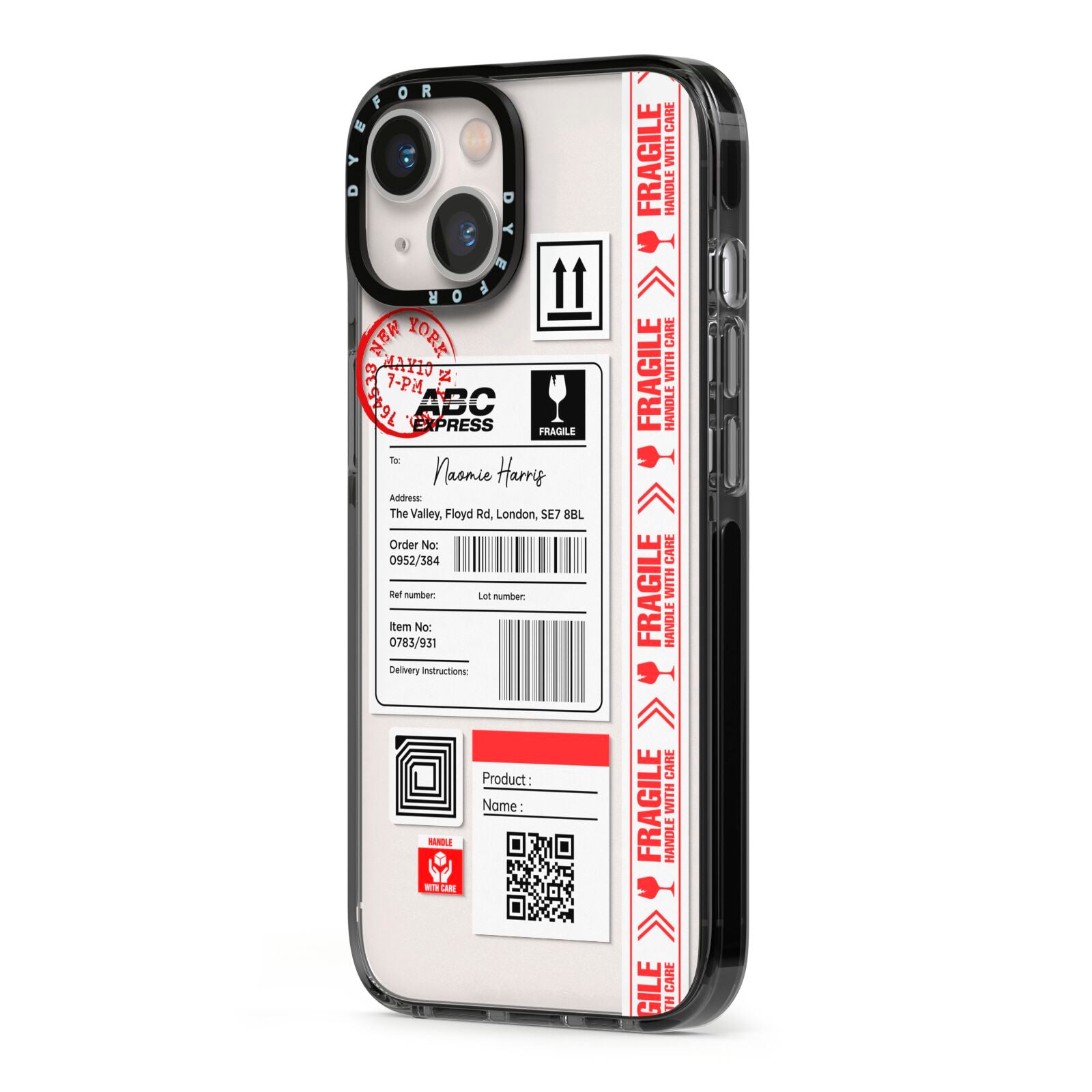 Fragile Delivery Labels with Name iPhone 13 Black Impact Case Side Angle on Silver phone