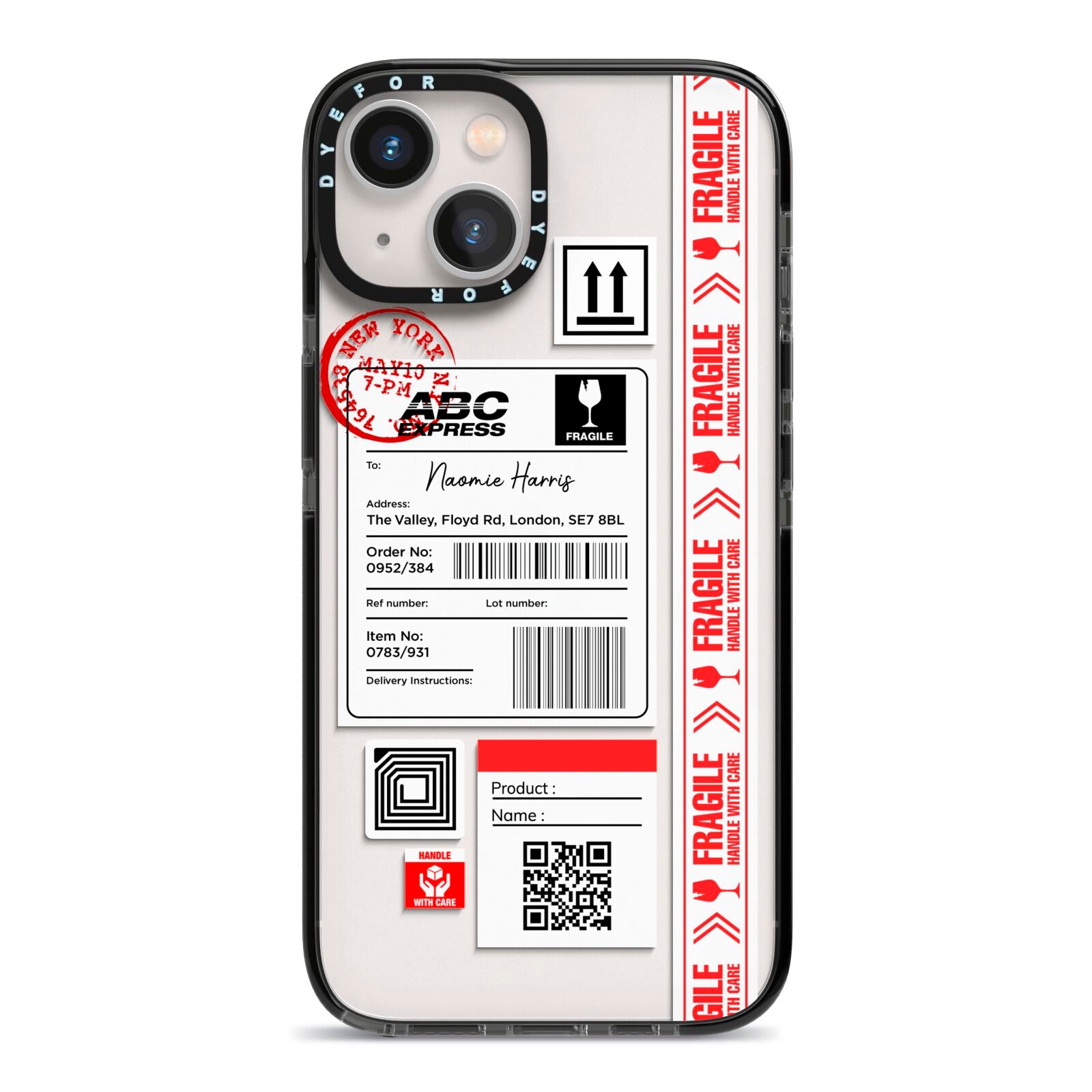 Fragile Delivery Labels with Name iPhone 13 Black Impact Case on Silver phone