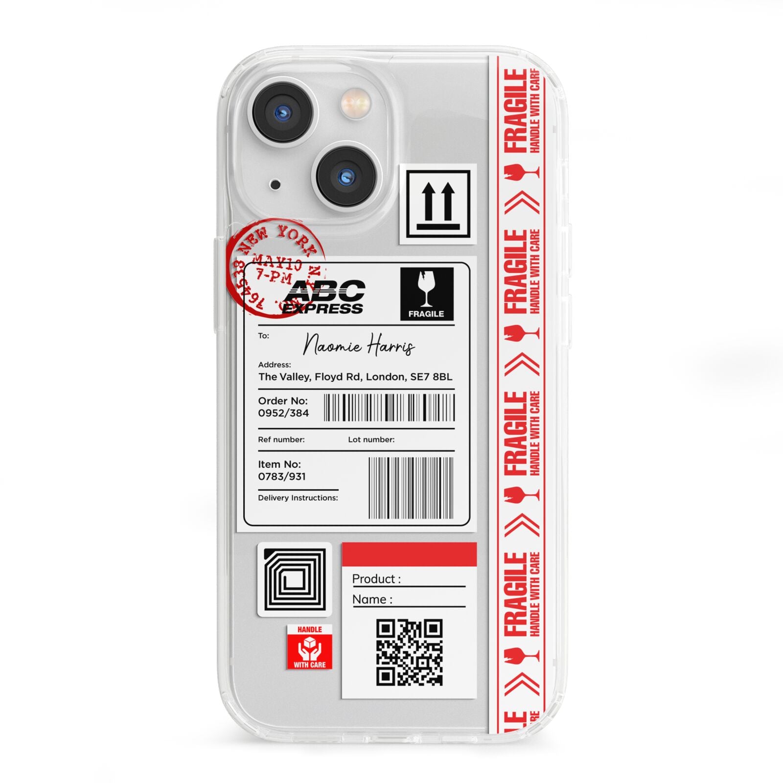 Fragile Delivery Labels with Name iPhone 13 Mini Clear Bumper Case