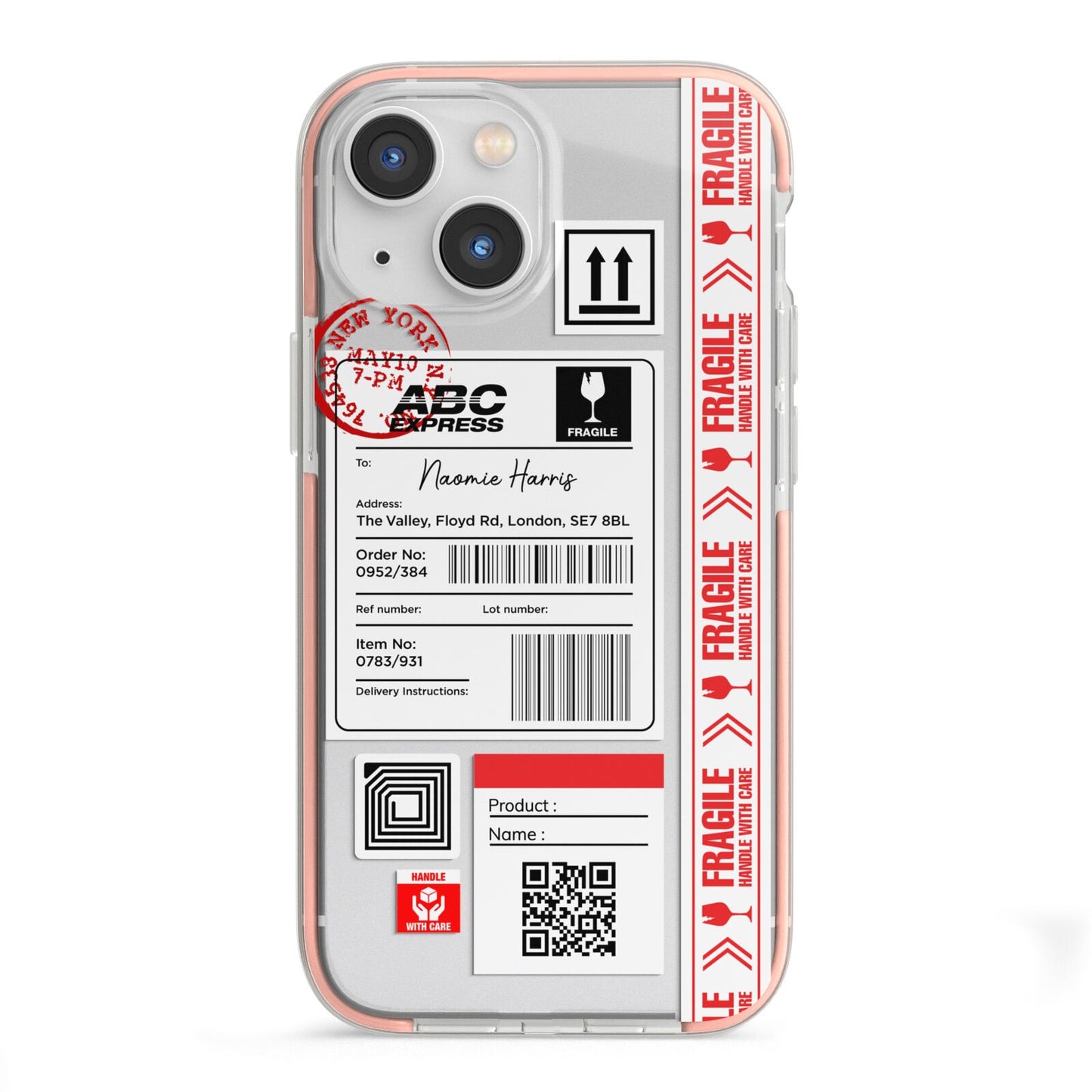 Fragile Delivery Labels with Name iPhone 13 Mini TPU Impact Case with Pink Edges