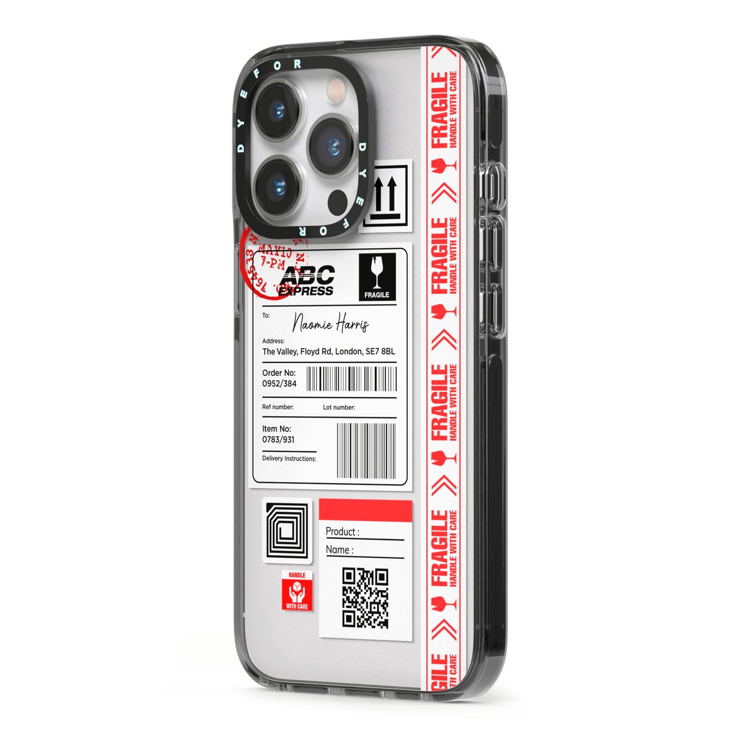 Fragile Delivery Labels with Name iPhone 13 Pro Black Impact Case Side Angle on Silver phone