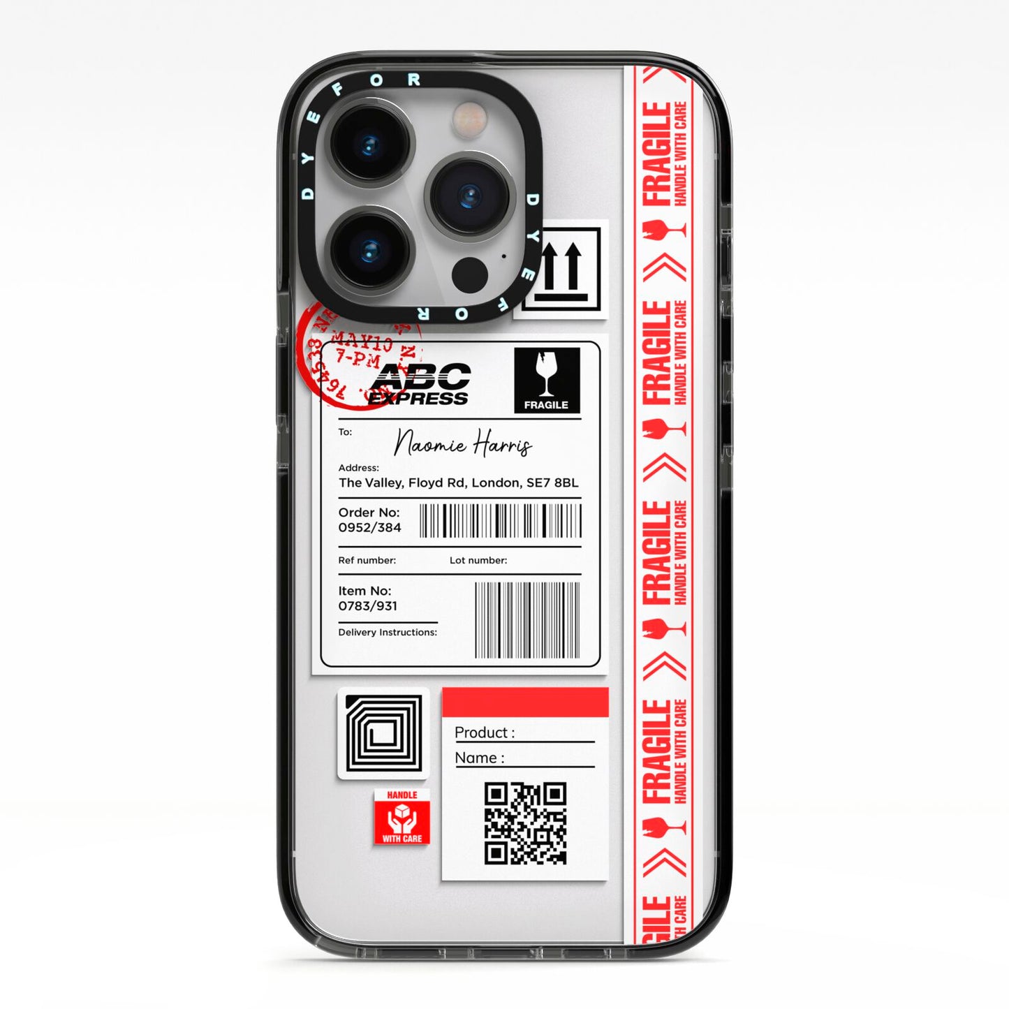 Fragile Delivery Labels with Name iPhone 13 Pro Black Impact Case on Silver phone