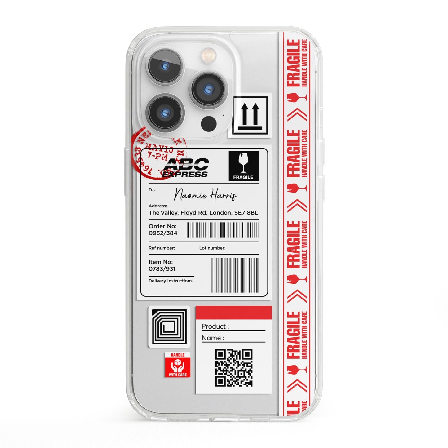 Fragile Delivery Labels with Name iPhone 13 Pro Clear Bumper Case