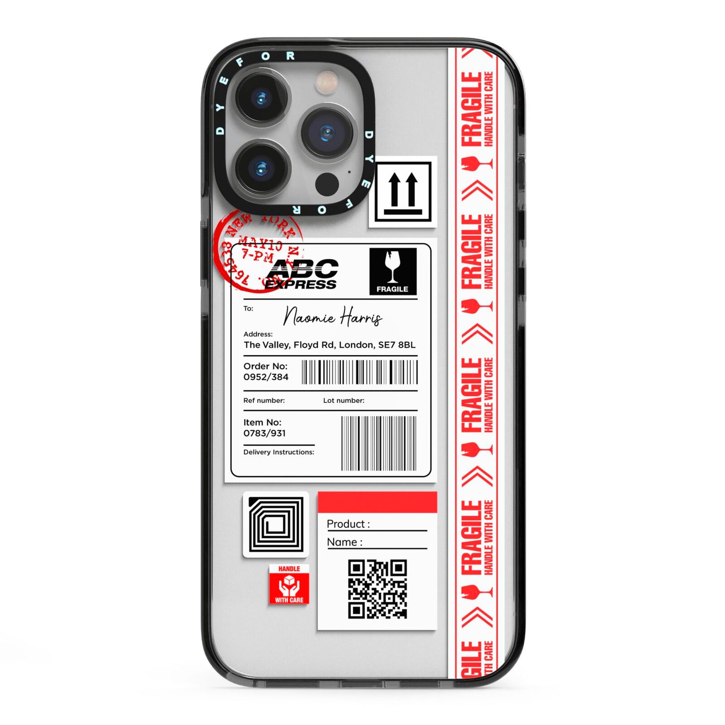 Fragile Delivery Labels with Name iPhone 13 Pro Max Black Impact Case on Silver phone