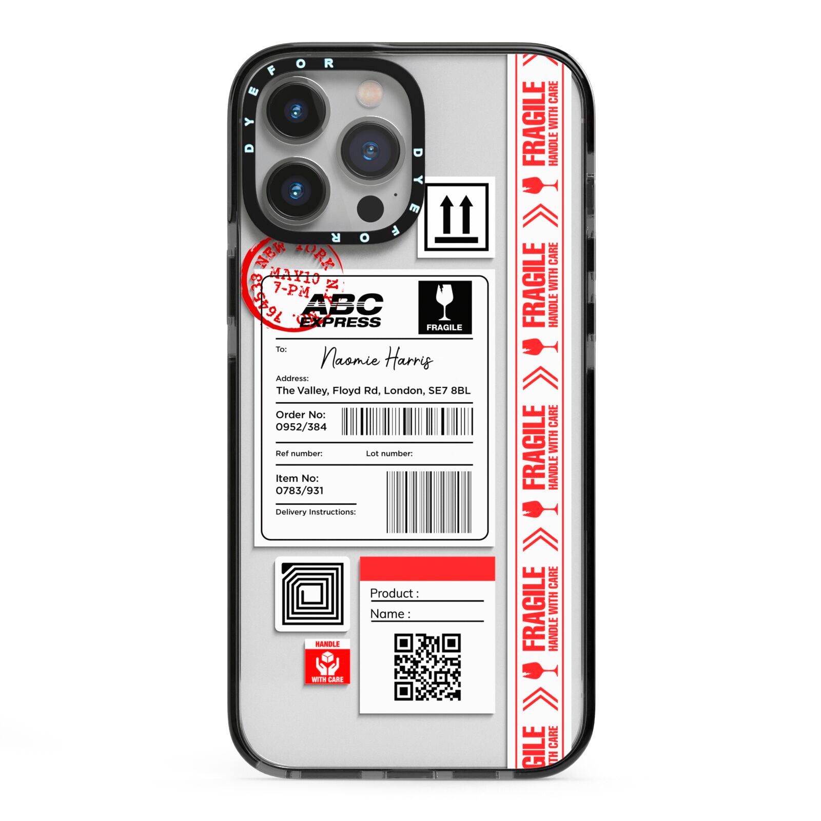 Fragile Delivery Labels with Name iPhone 13 Pro Max Black Impact Case on Silver phone