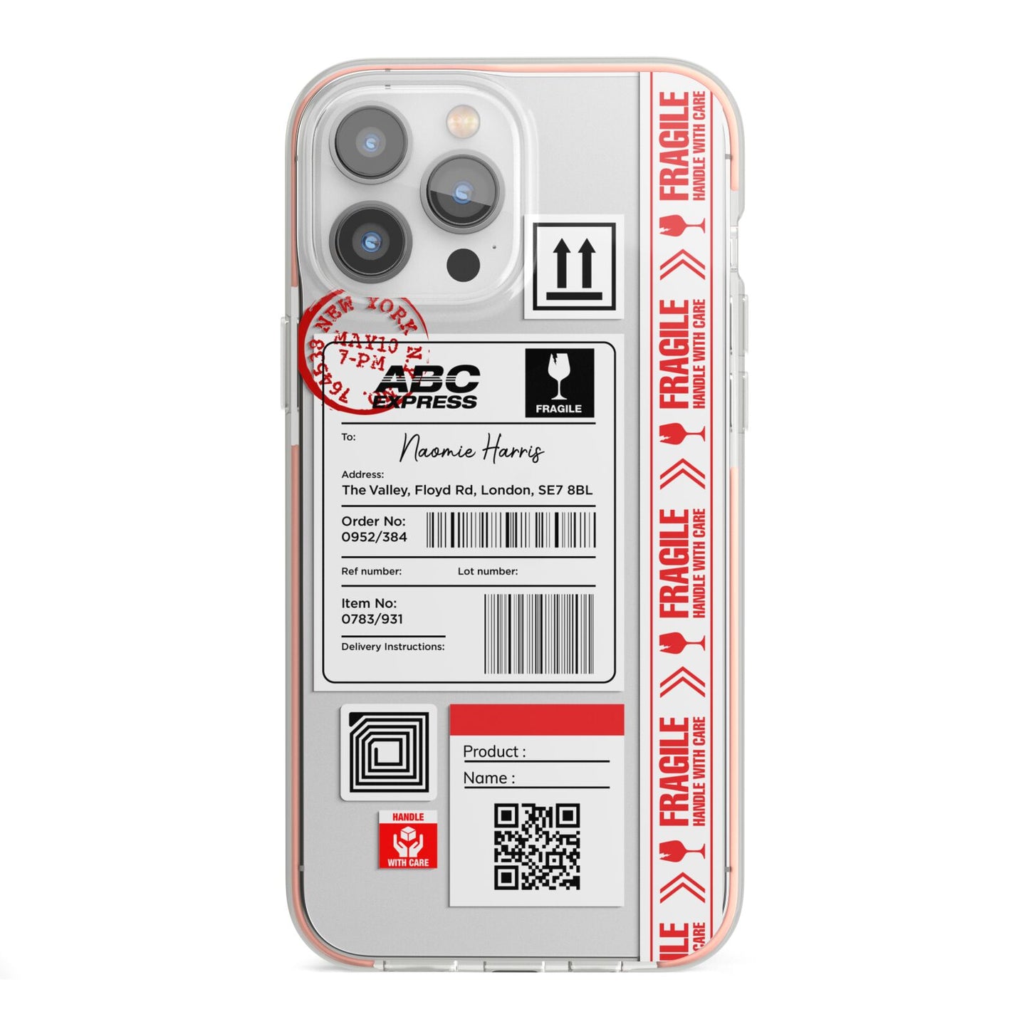 Fragile Delivery Labels with Name iPhone 13 Pro Max TPU Impact Case with Pink Edges