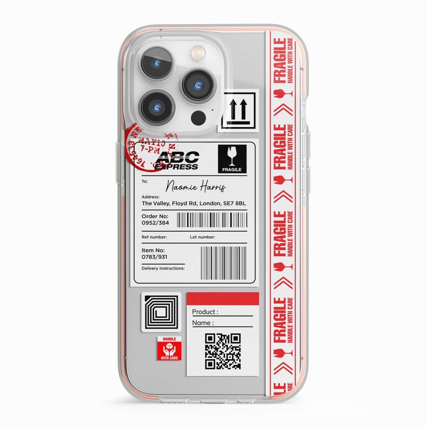 Fragile Delivery Labels with Name iPhone 13 Pro TPU Impact Case with Pink Edges