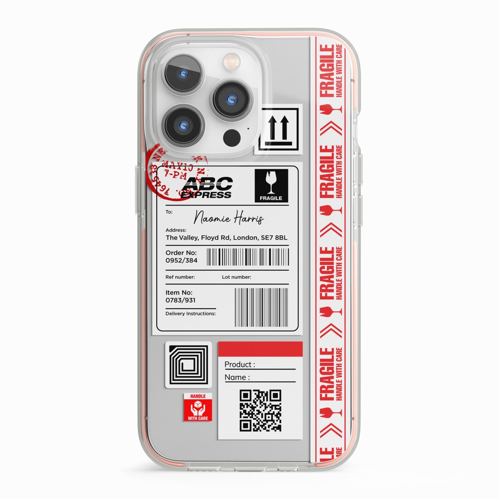 Fragile Delivery Labels with Name iPhone 13 Pro TPU Impact Case with Pink Edges