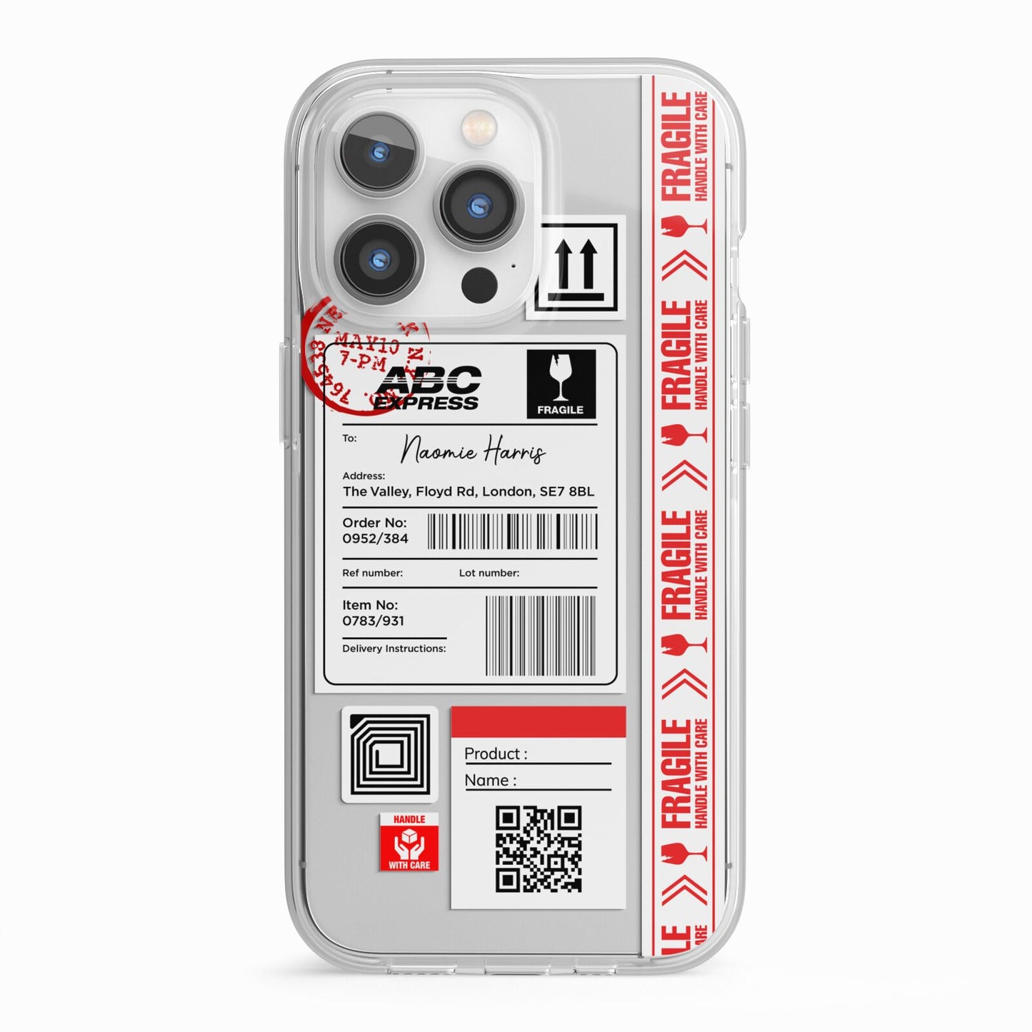 Fragile Delivery Labels with Name iPhone 13 Pro TPU Impact Case with White Edges