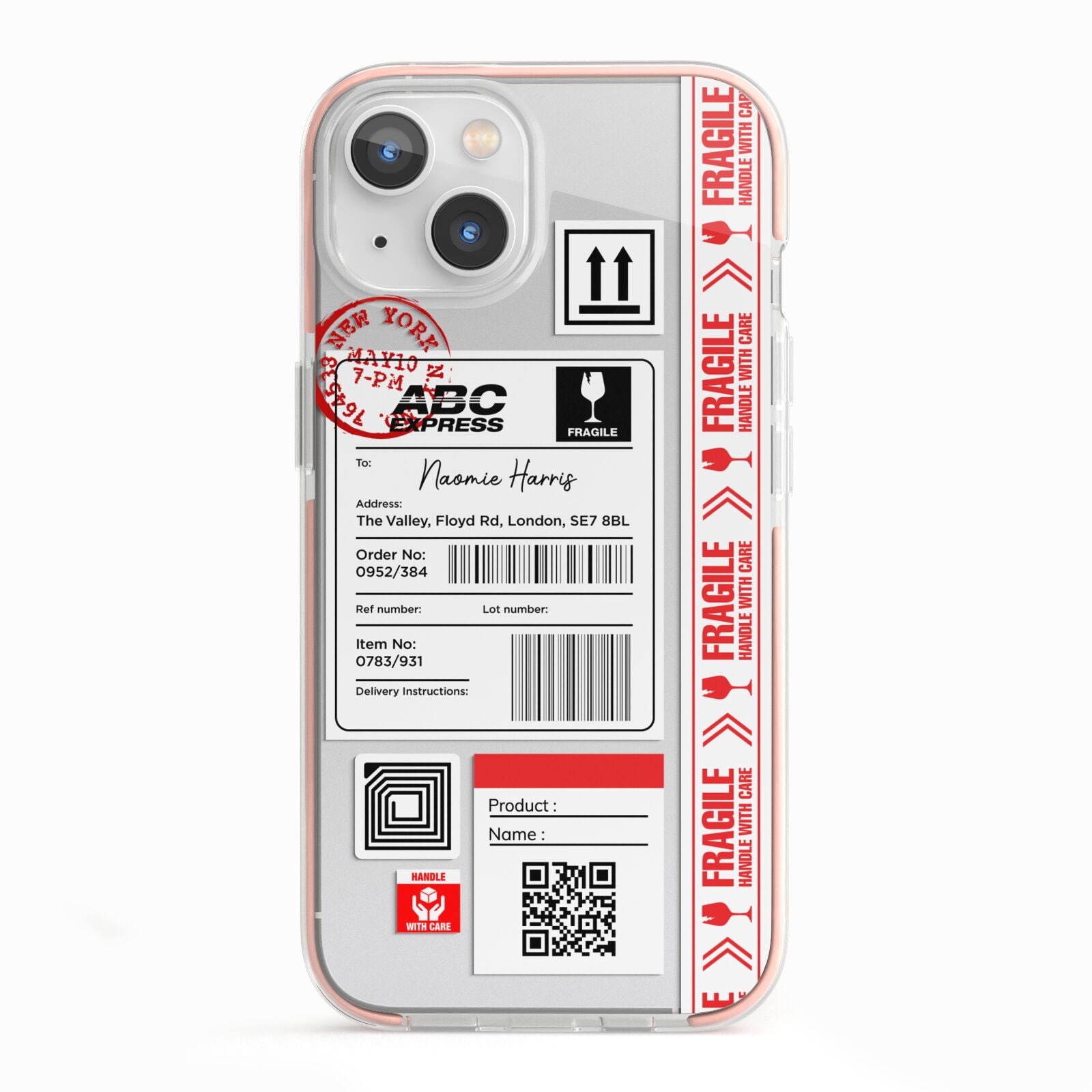 Fragile Delivery Labels with Name iPhone 13 TPU Impact Case with Pink Edges