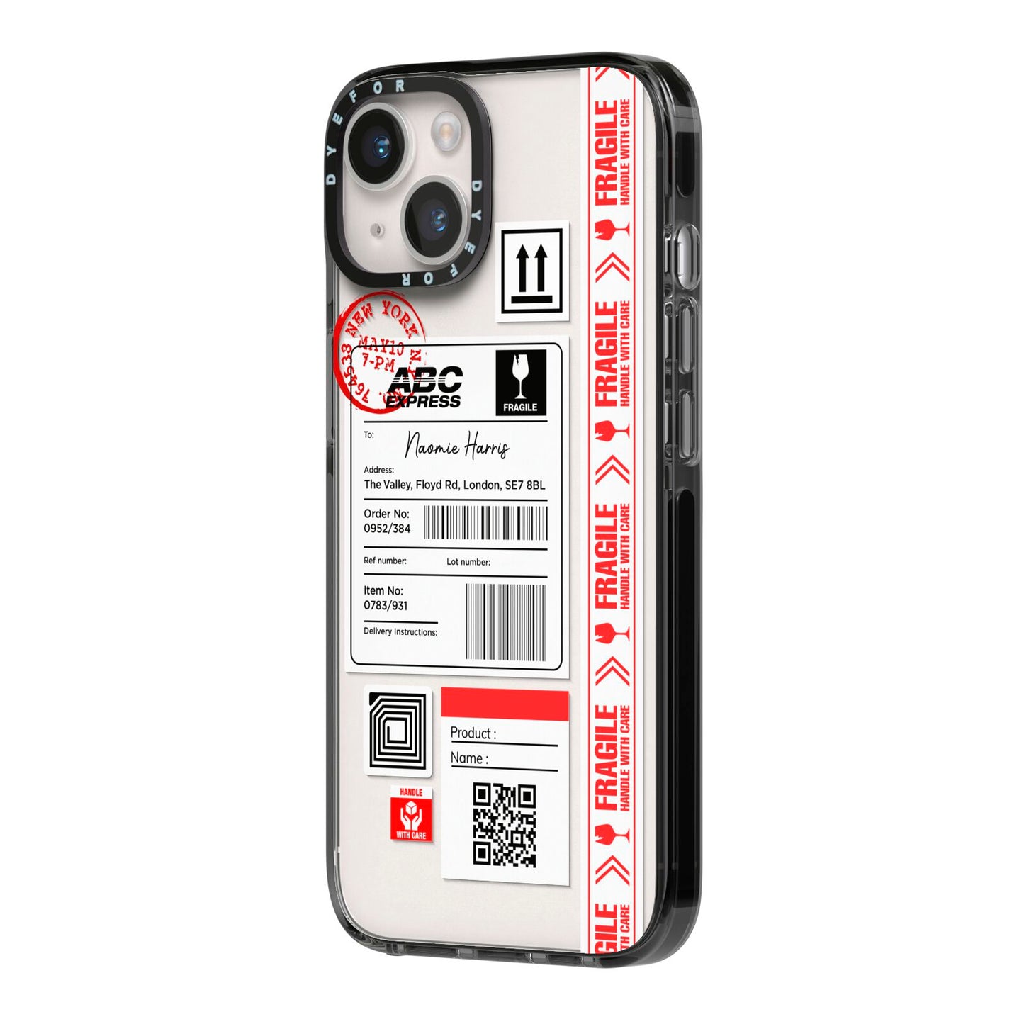 Fragile Delivery Labels with Name iPhone 14 Black Impact Case Side Angle on Silver phone