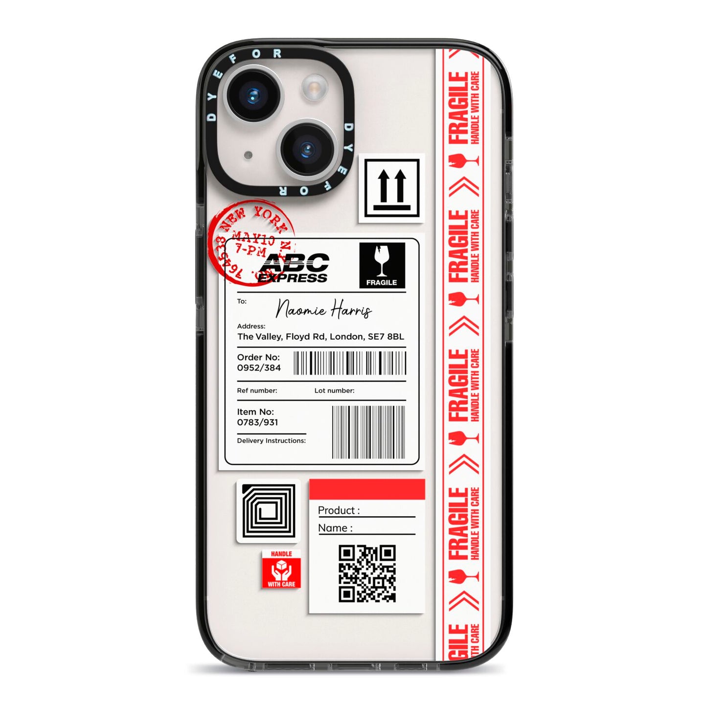 Fragile Delivery Labels with Name iPhone 14 Black Impact Case on Silver phone