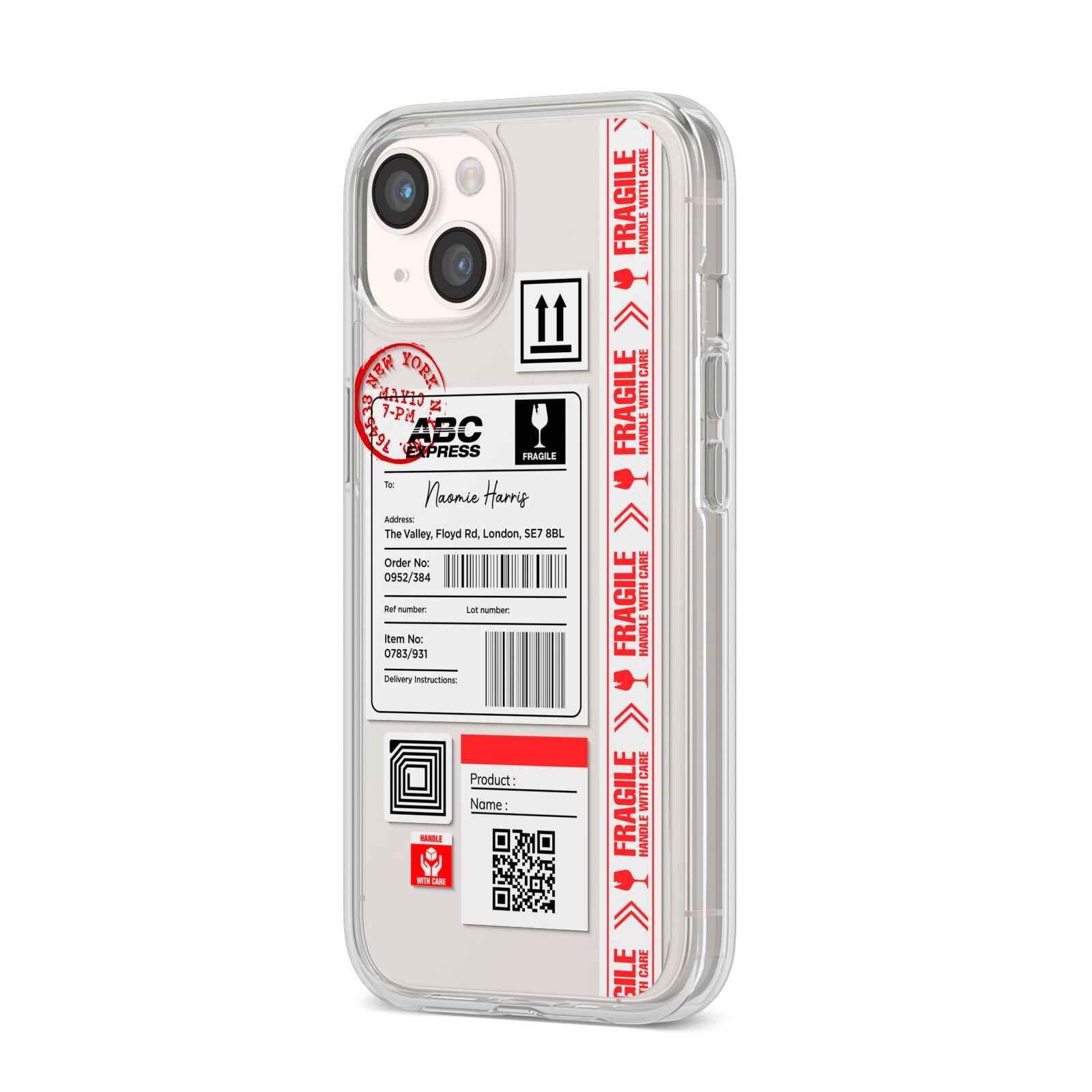 Fragile Delivery Labels with Name iPhone 14 Clear Tough Case Starlight Angled Image