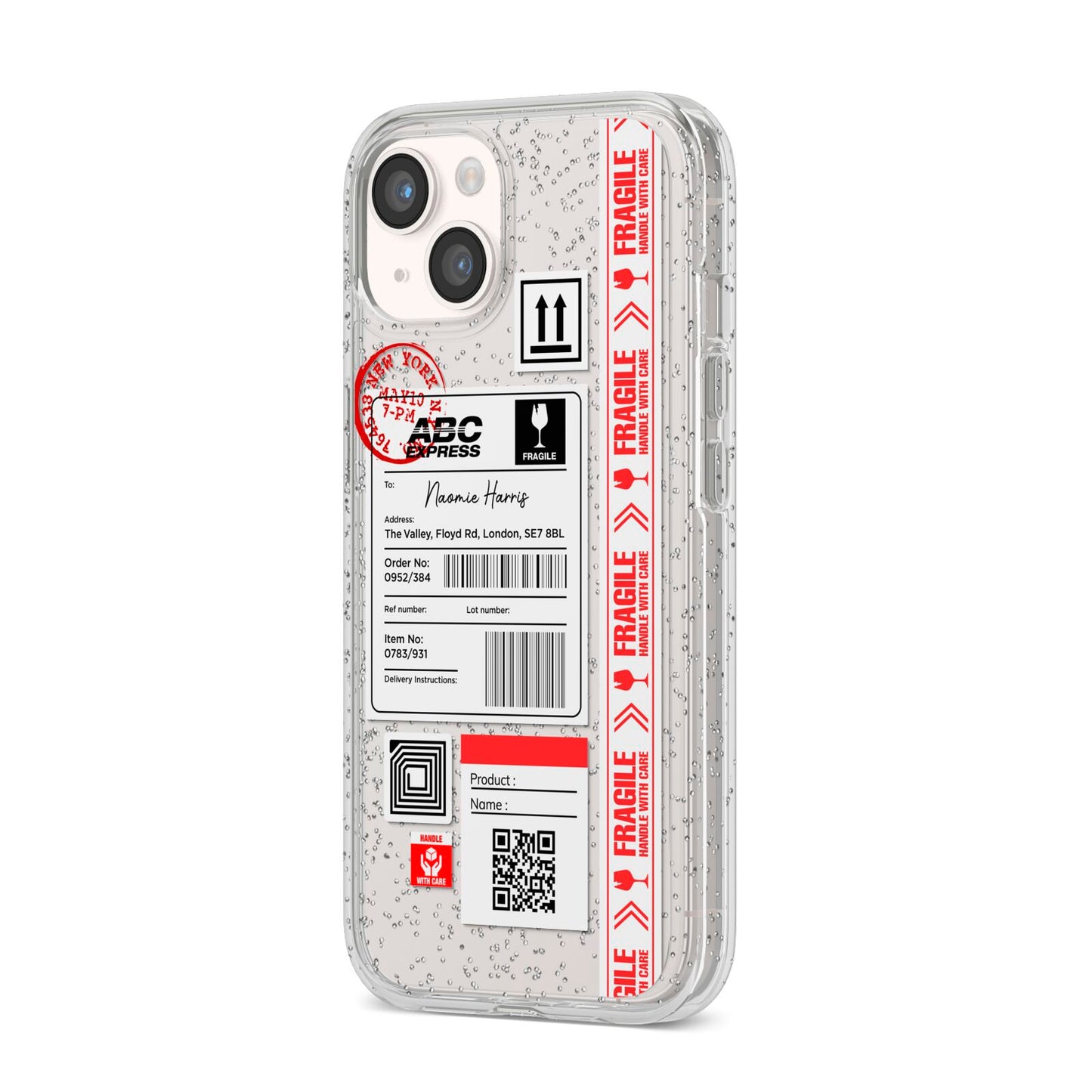 Fragile Delivery Labels with Name iPhone 14 Glitter Tough Case Starlight Angled Image