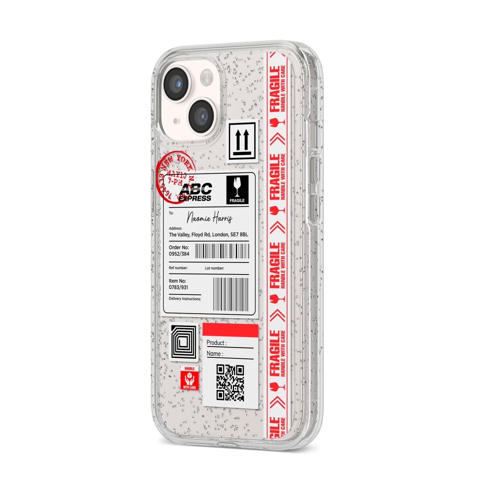 Fragile Delivery Labels with Name iPhone 14 Glitter Tough Case Starlight Angled Image