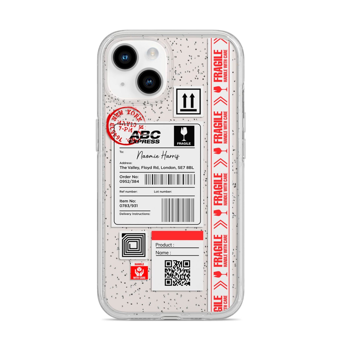 Fragile Delivery Labels with Name iPhone 14 Glitter Tough Case Starlight