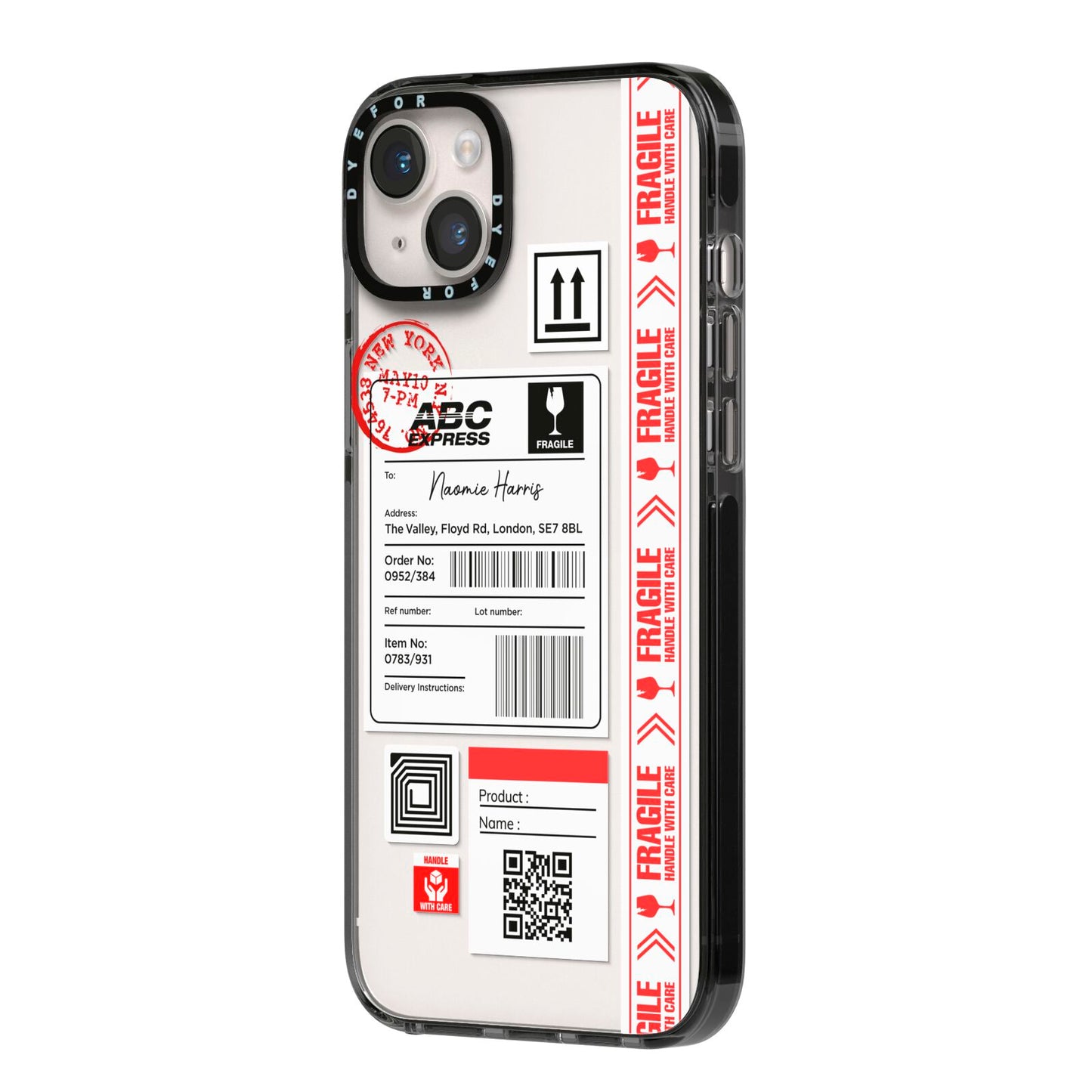 Fragile Delivery Labels with Name iPhone 14 Plus Black Impact Case Side Angle on Silver phone
