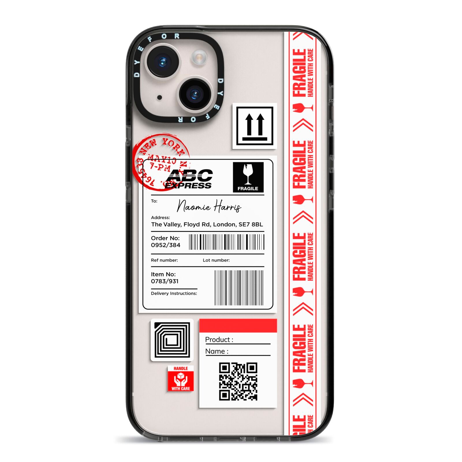 Fragile Delivery Labels with Name iPhone 14 Plus Black Impact Case on Silver phone