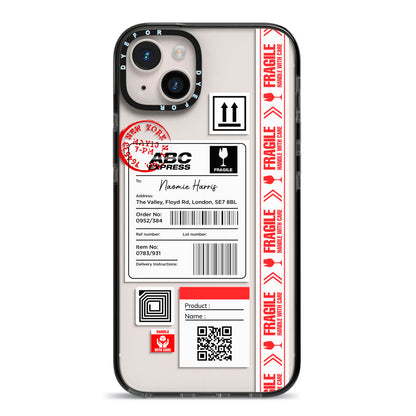 Fragile Delivery Labels with Name iPhone 14 Plus Black Impact Case on Silver phone