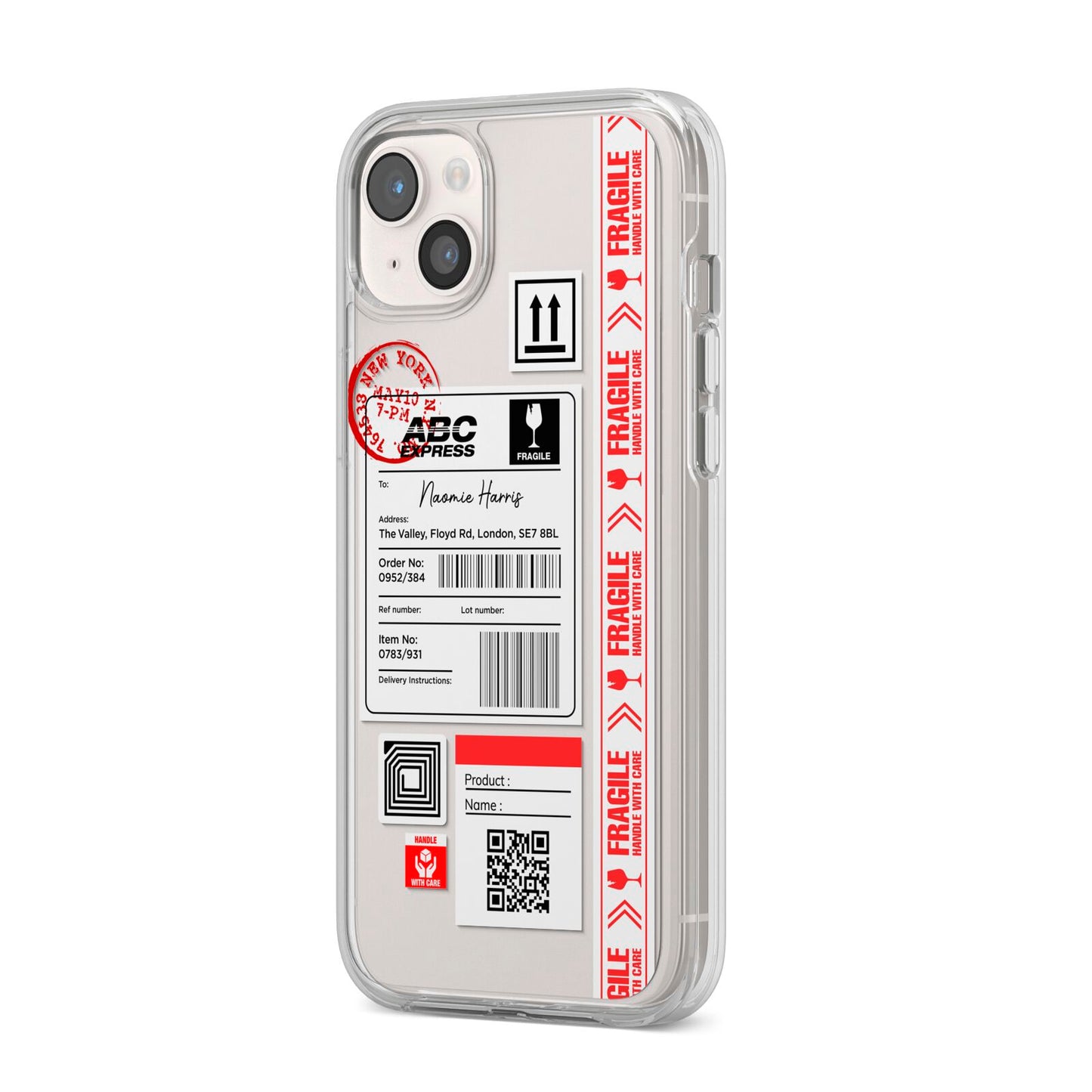 Fragile Delivery Labels with Name iPhone 14 Plus Clear Tough Case Starlight Angled Image