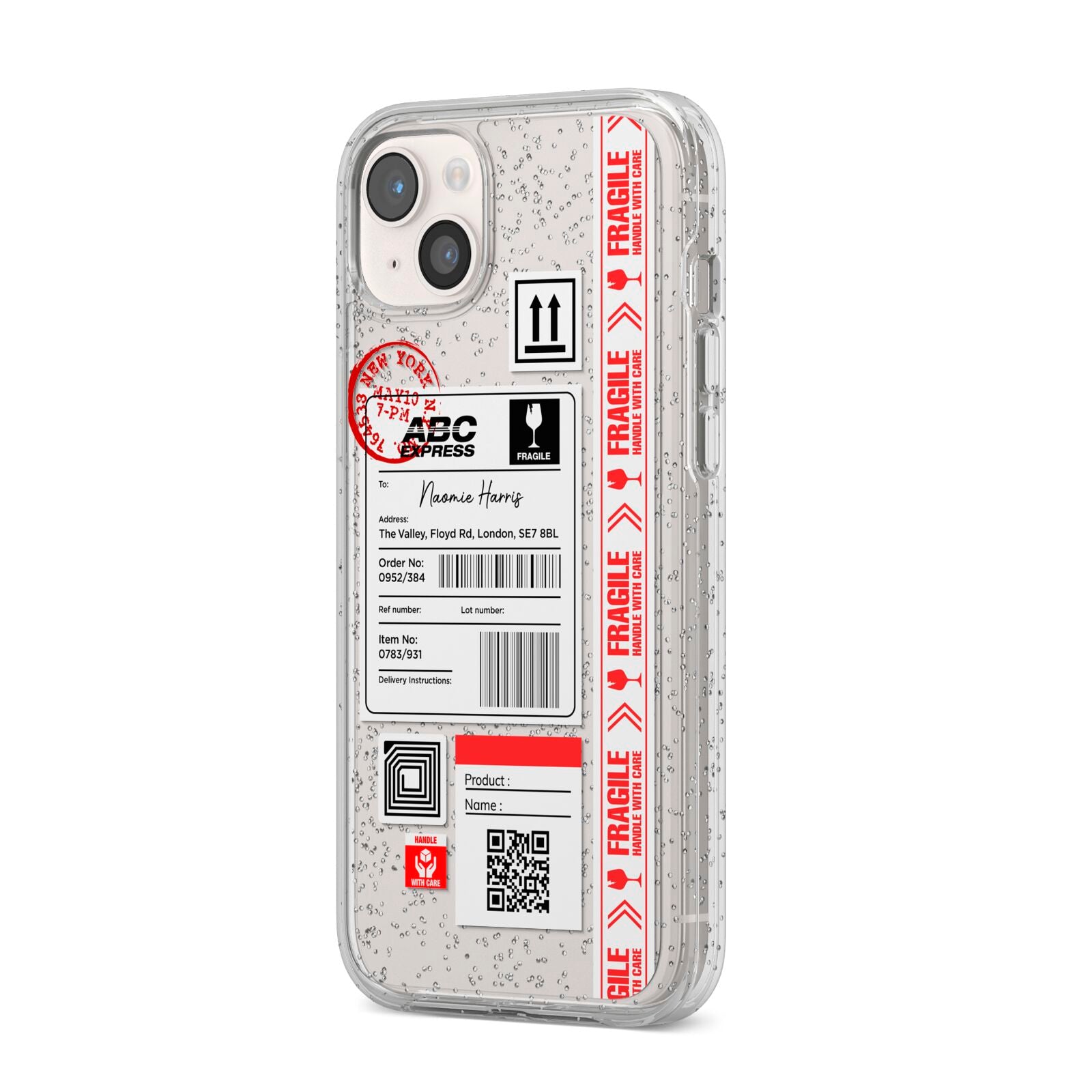 Fragile Delivery Labels with Name iPhone 14 Plus Glitter Tough Case Starlight Angled Image