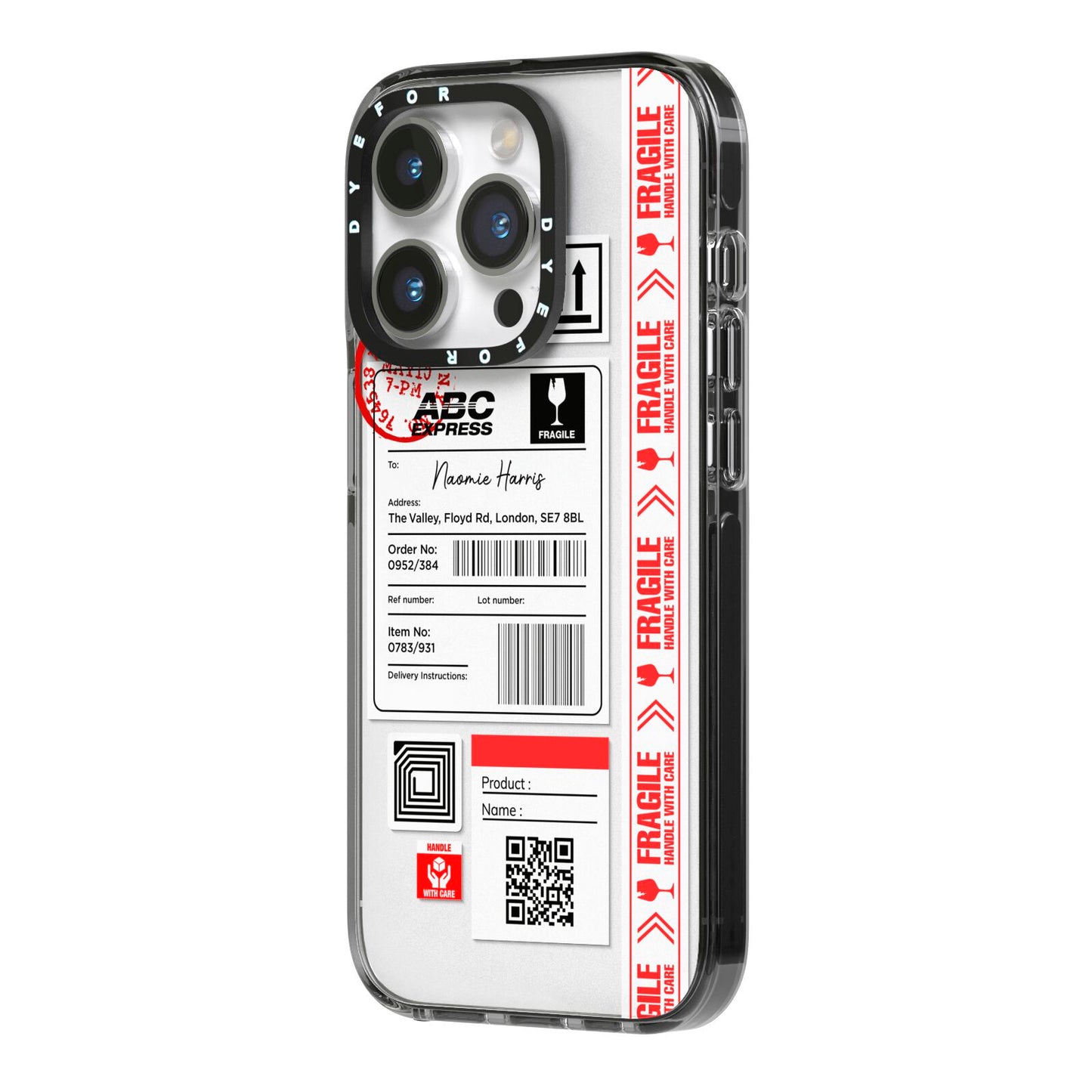 Fragile Delivery Labels with Name iPhone 14 Pro Black Impact Case Side Angle on Silver phone