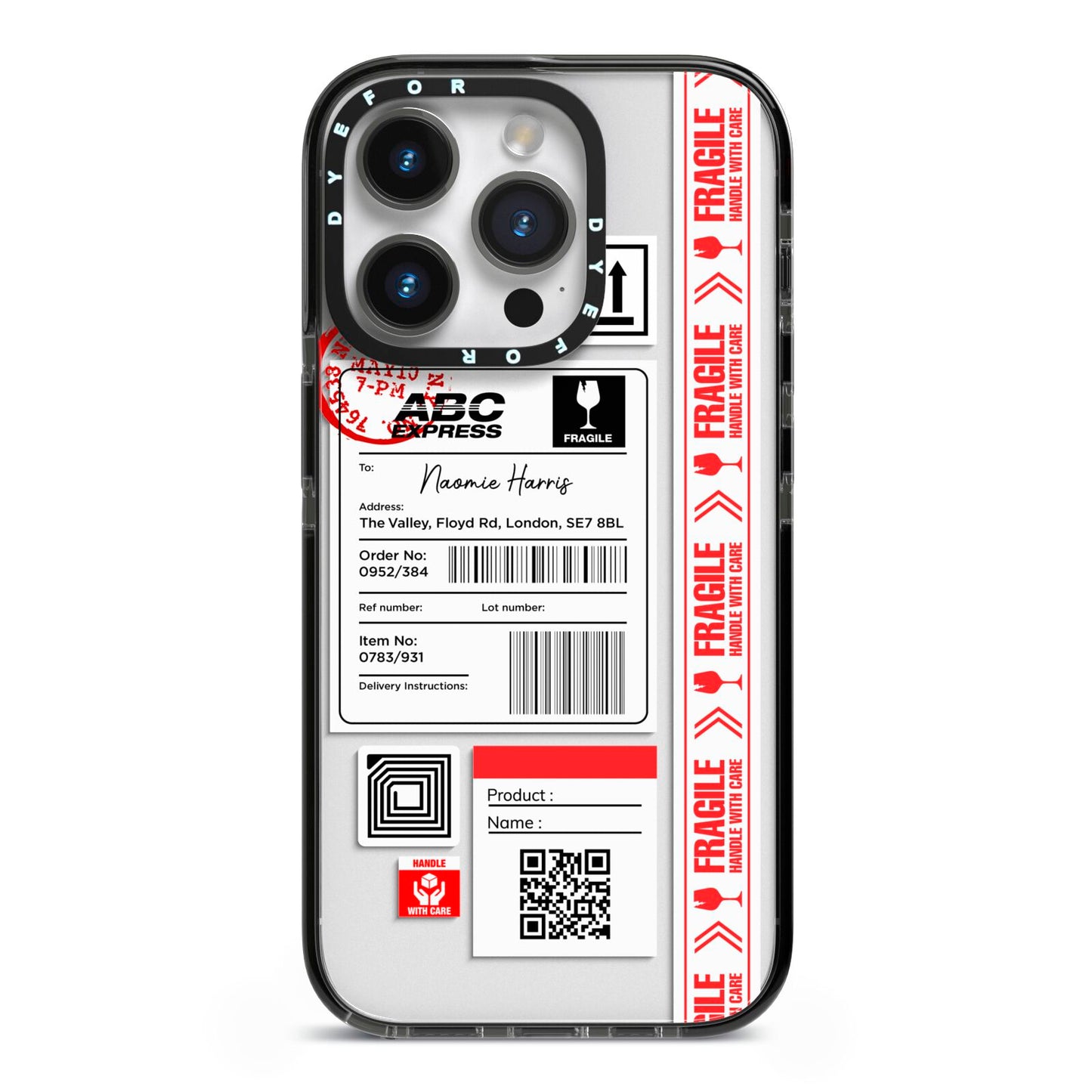 Fragile Delivery Labels with Name iPhone 14 Pro Black Impact Case on Silver phone
