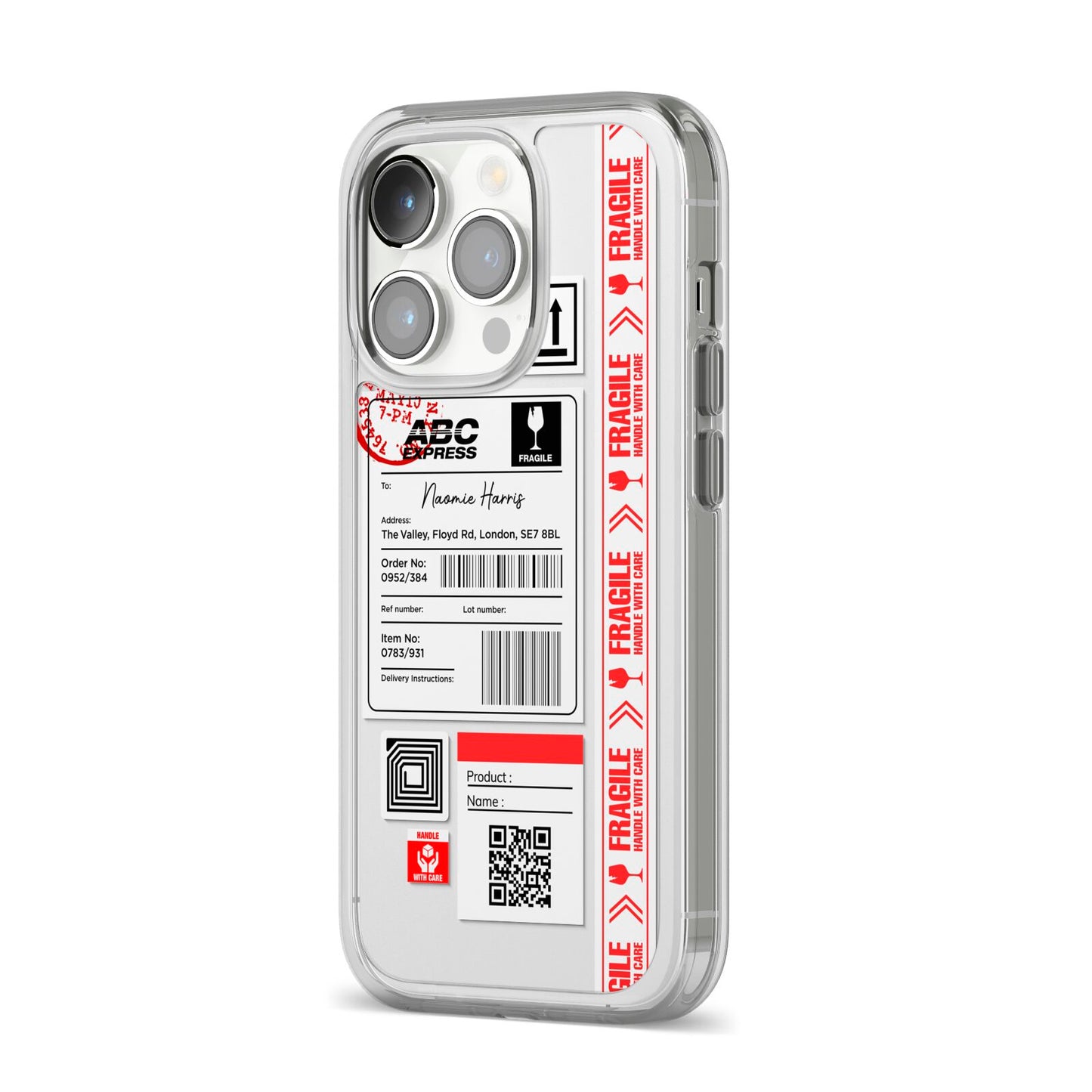 Fragile Delivery Labels with Name iPhone 14 Pro Clear Tough Case Silver Angled Image