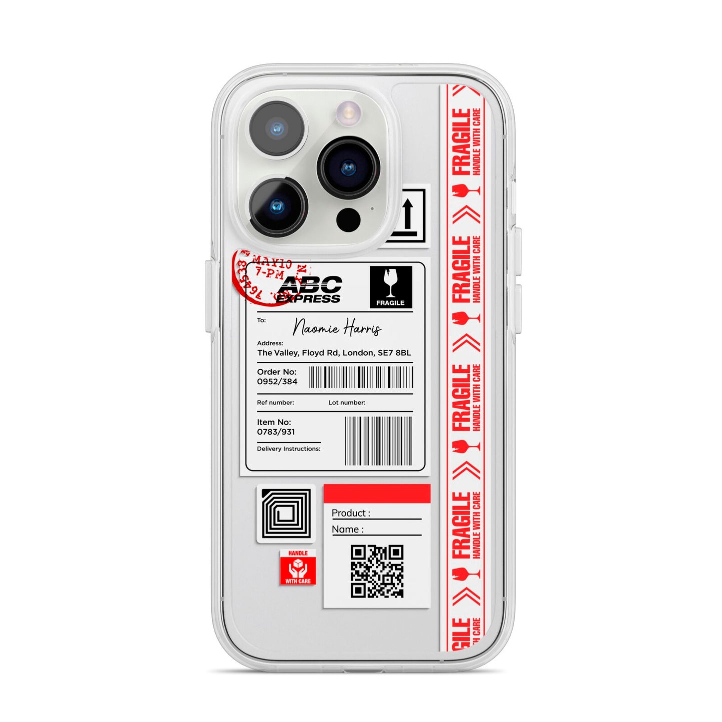 Fragile Delivery Labels with Name iPhone 14 Pro Clear Tough Case Silver