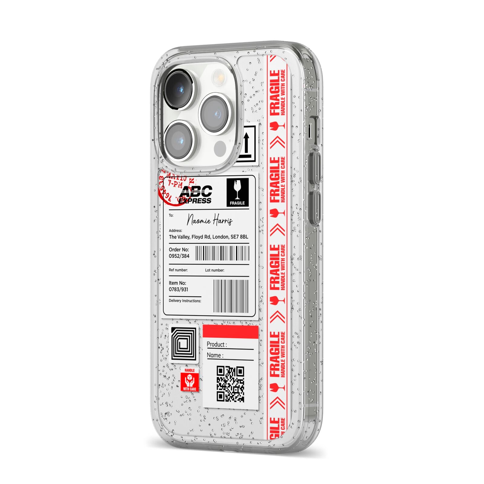 Fragile Delivery Labels with Name iPhone 14 Pro Glitter Tough Case Silver Angled Image