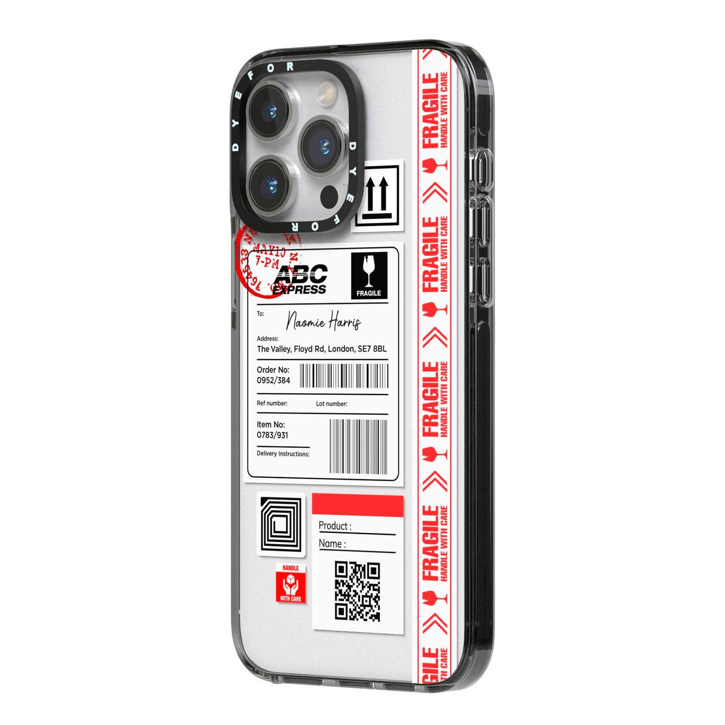 Fragile Delivery Labels with Name iPhone 14 Pro Max Black Impact Case Side Angle on Silver phone