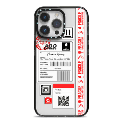 Fragile Delivery Labels with Name iPhone 14 Pro Max Black Impact Case on Silver phone