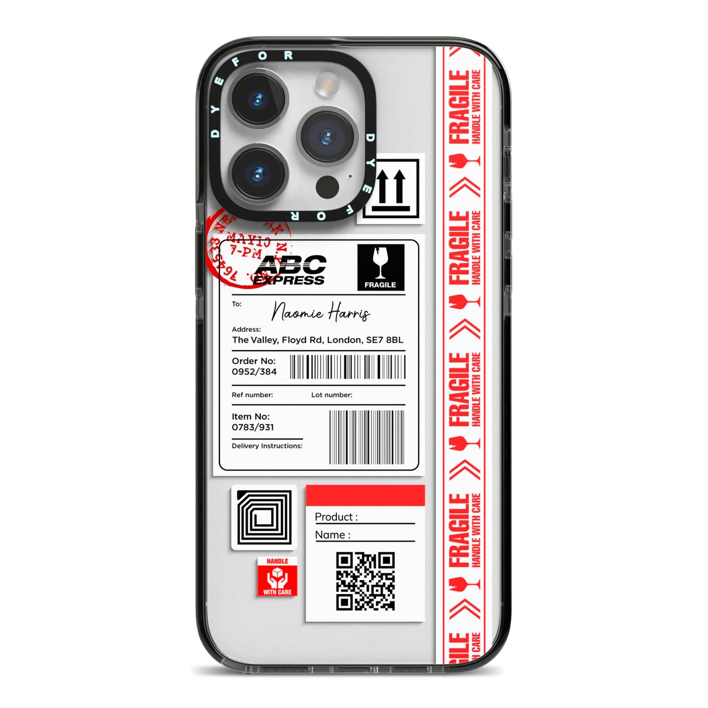 Fragile Delivery Labels with Name iPhone 14 Pro Max Black Impact Case on Silver phone