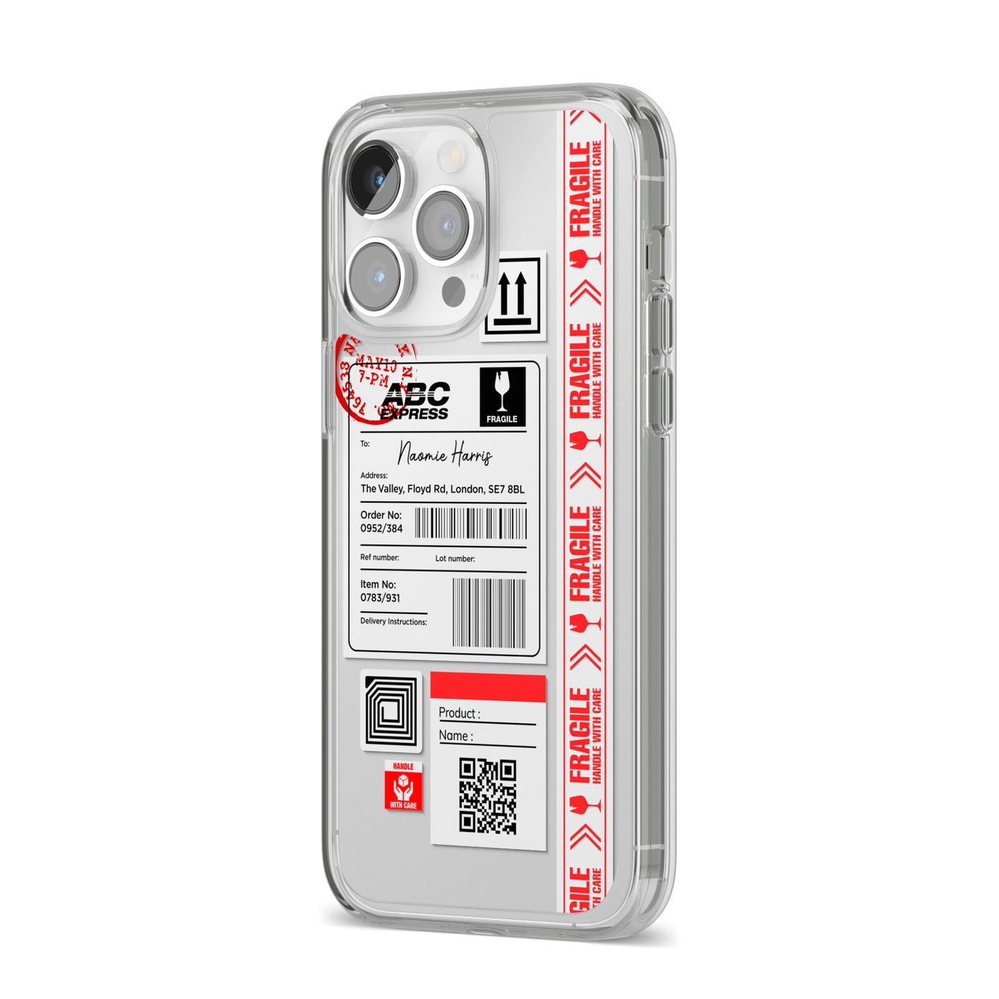 Fragile Delivery Labels with Name iPhone 14 Pro Max Clear Tough Case Silver Angled Image