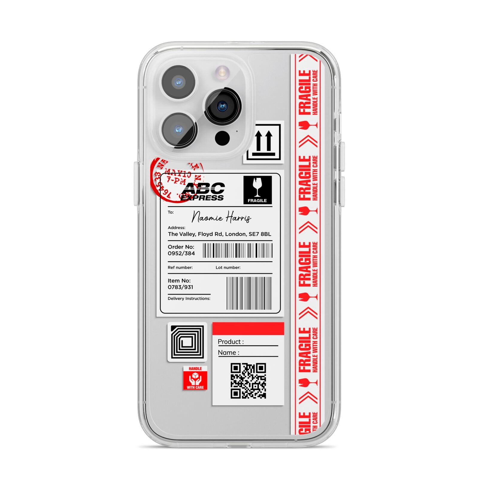 Fragile Delivery Labels with Name iPhone 14 Pro Max Clear Tough Case Silver