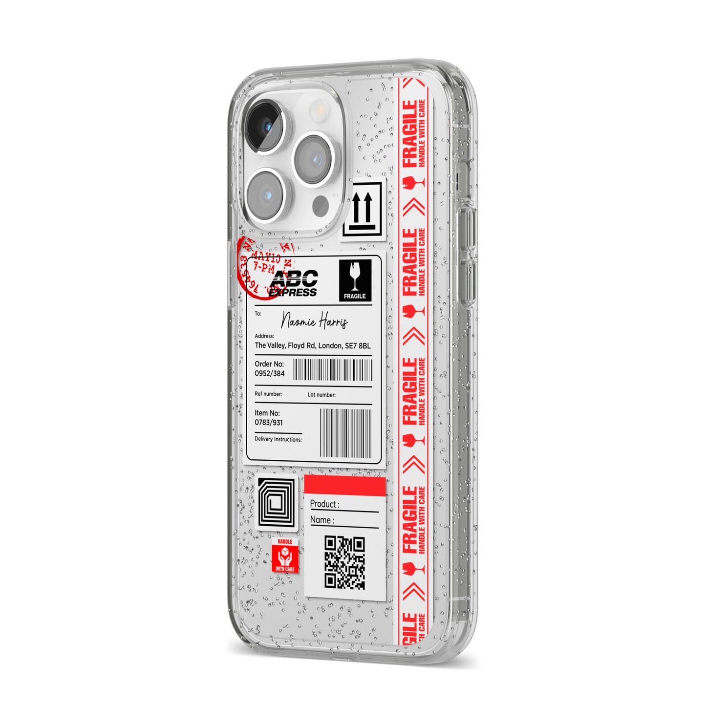Fragile Delivery Labels with Name iPhone 14 Pro Max Glitter Tough Case Silver Angled Image