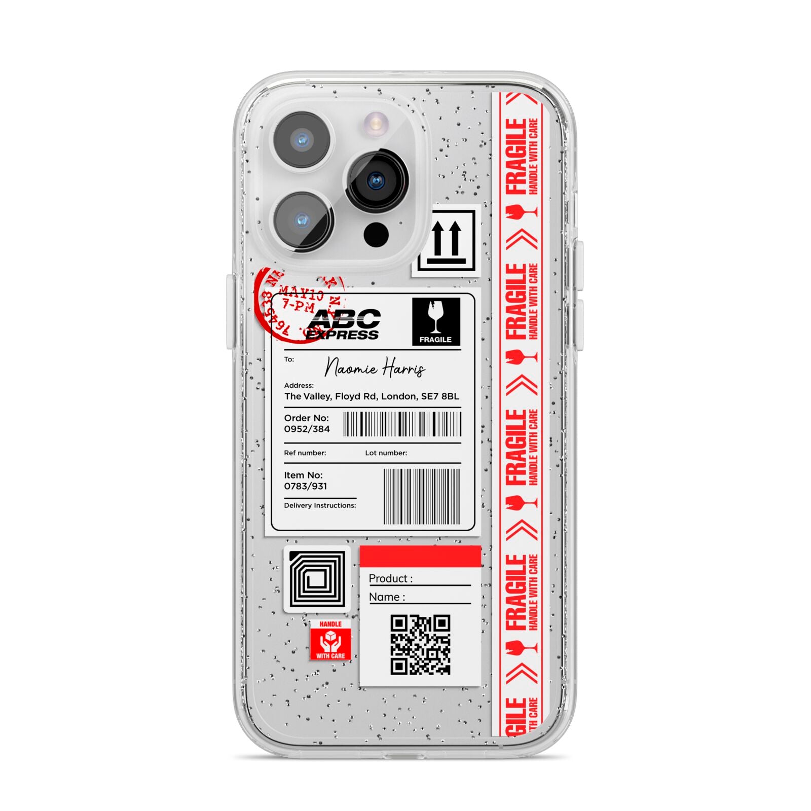 Fragile Delivery Labels with Name iPhone 14 Pro Max Glitter Tough Case Silver