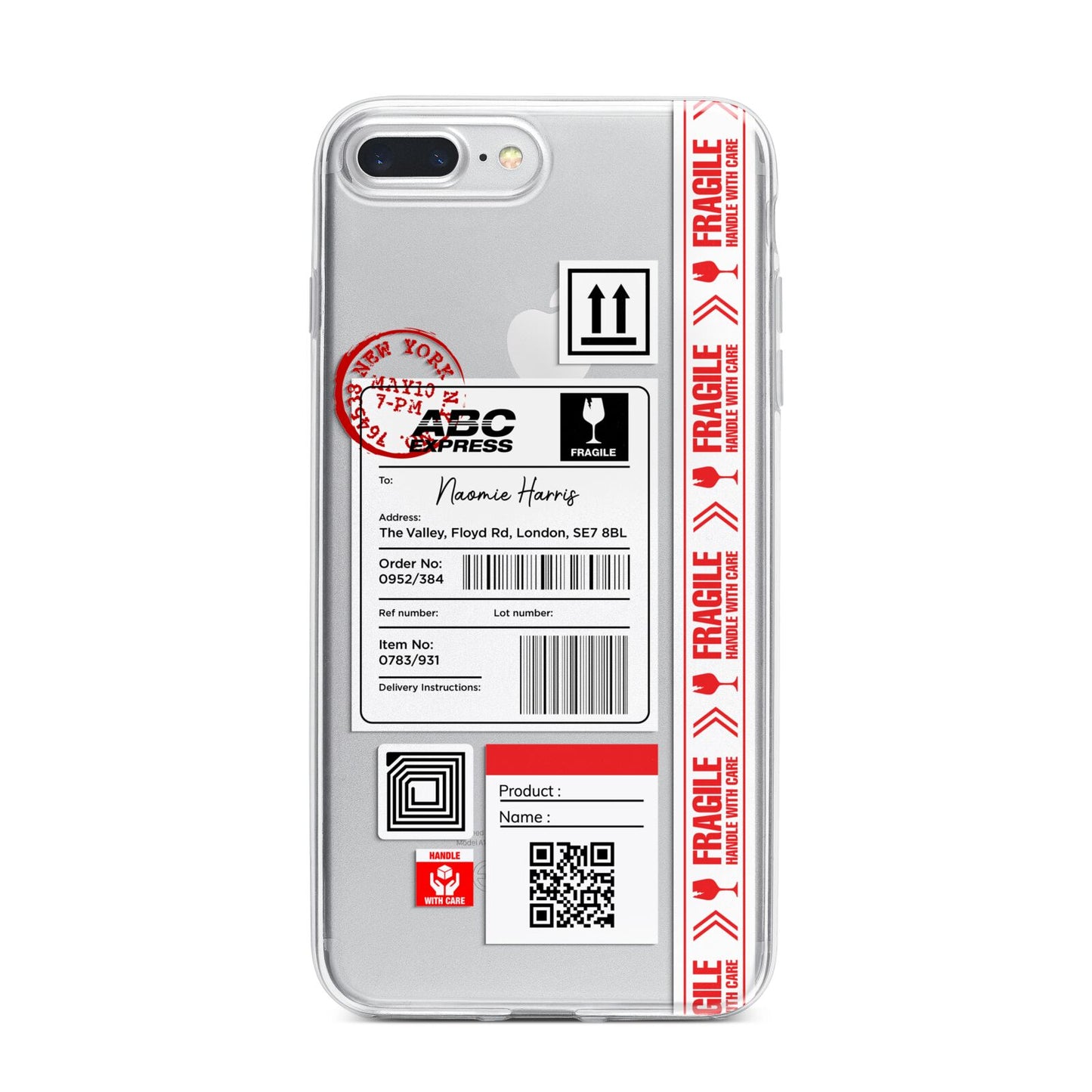 Fragile Delivery Labels with Name iPhone 7 Plus Bumper Case on Silver iPhone