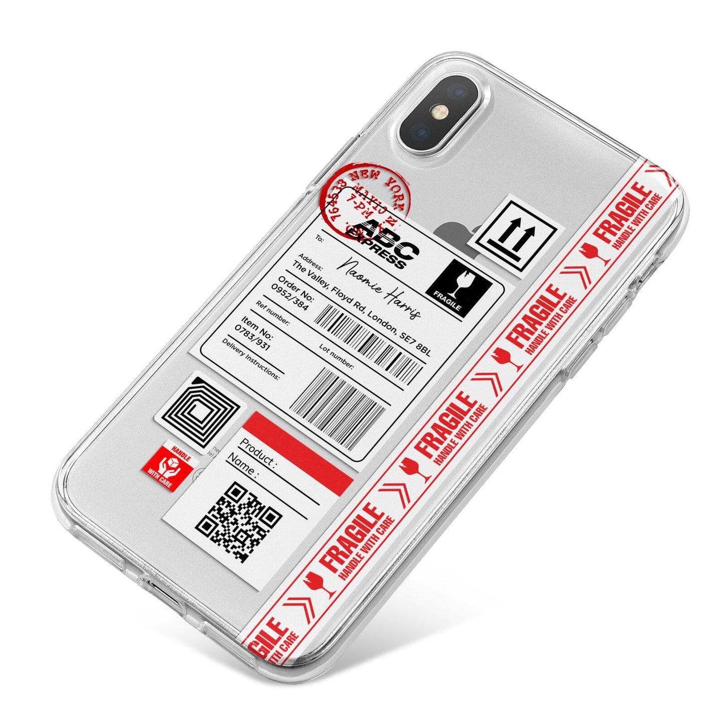 Fragile Delivery Labels with Name iPhone X Bumper Case on Silver iPhone
