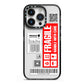 Fragile Parcel Labels with Name iPhone 14 Pro Black Impact Case on Silver phone