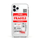 Fragile Parcel Stickers with Name Apple iPhone 11 Pro in Silver with White Impact Case