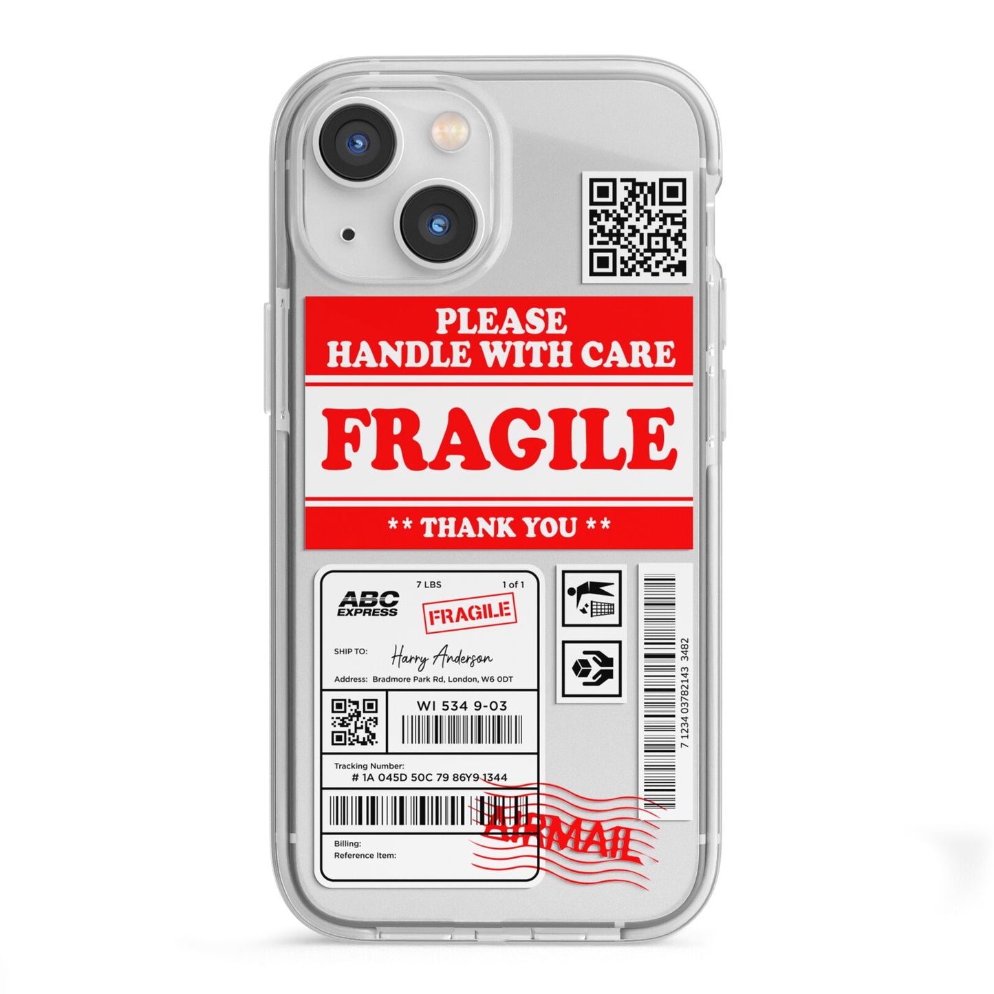 Fragile Parcel Stickers with Name iPhone 13 Mini TPU Impact Case with White Edges