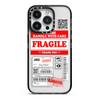 Fragile Parcel Stickers with Name iPhone 14 Pro Black Impact Case on Silver phone