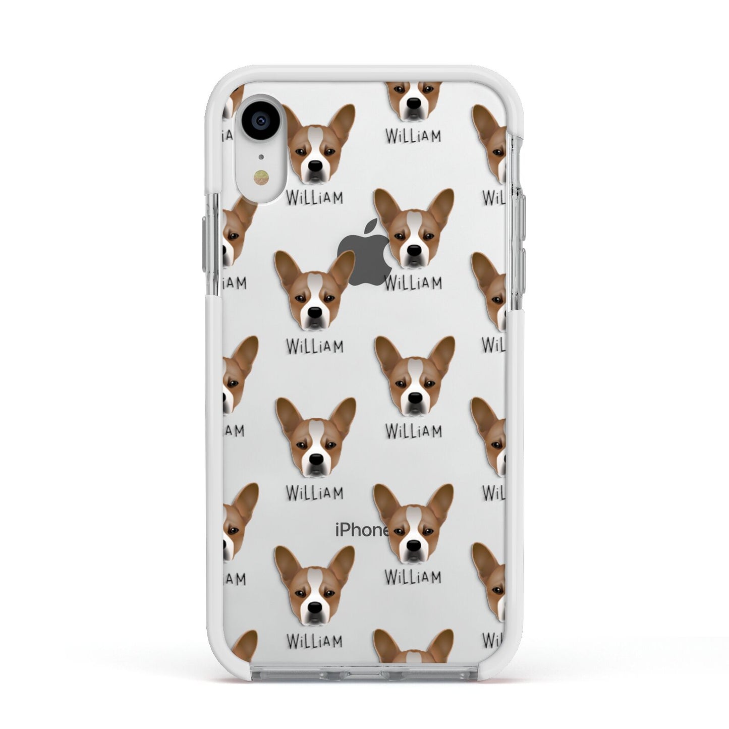 French Bull Jack Icon with Name Apple iPhone XR Impact Case White Edge on Silver Phone