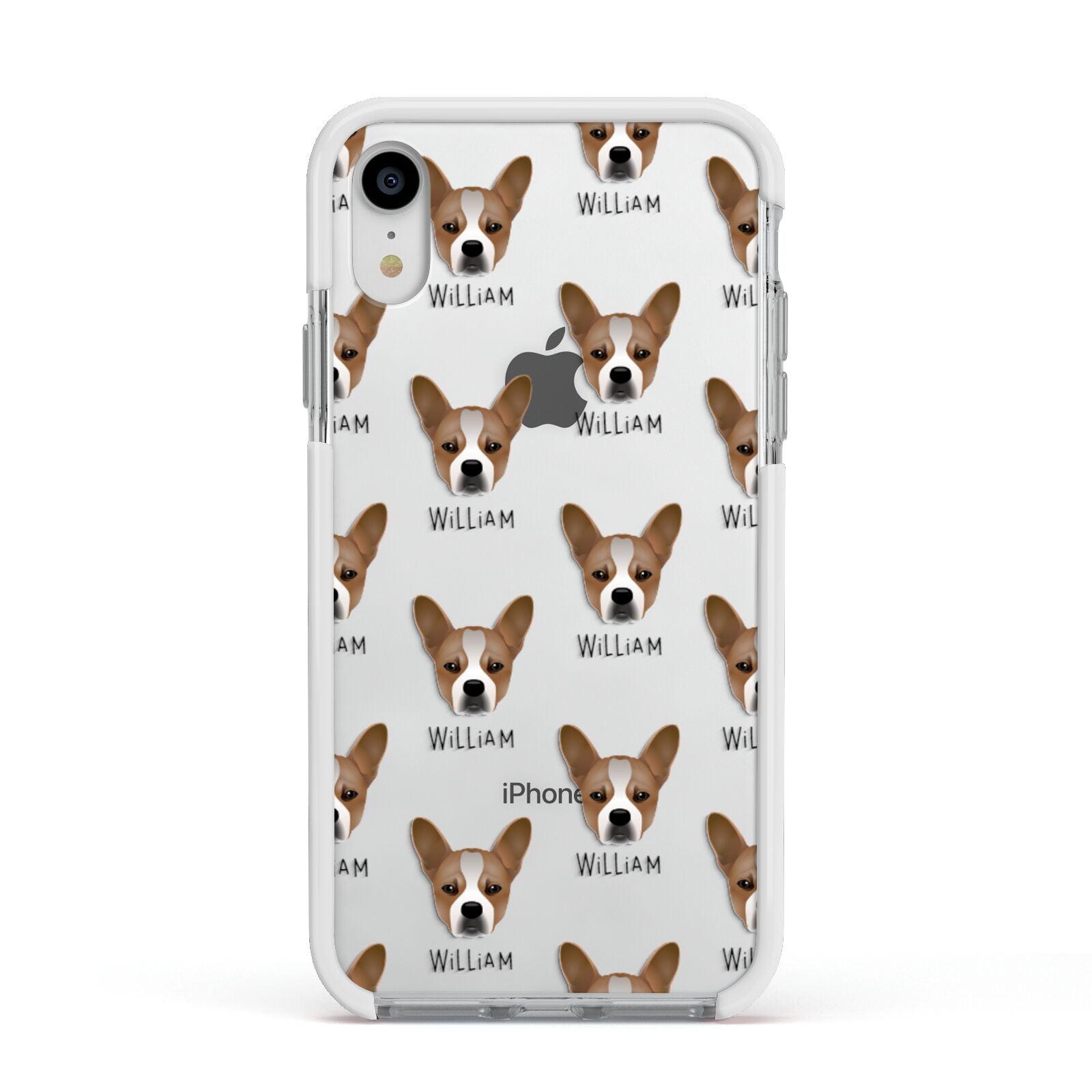 French Bull Jack Icon with Name Apple iPhone XR Impact Case White Edge on Silver Phone