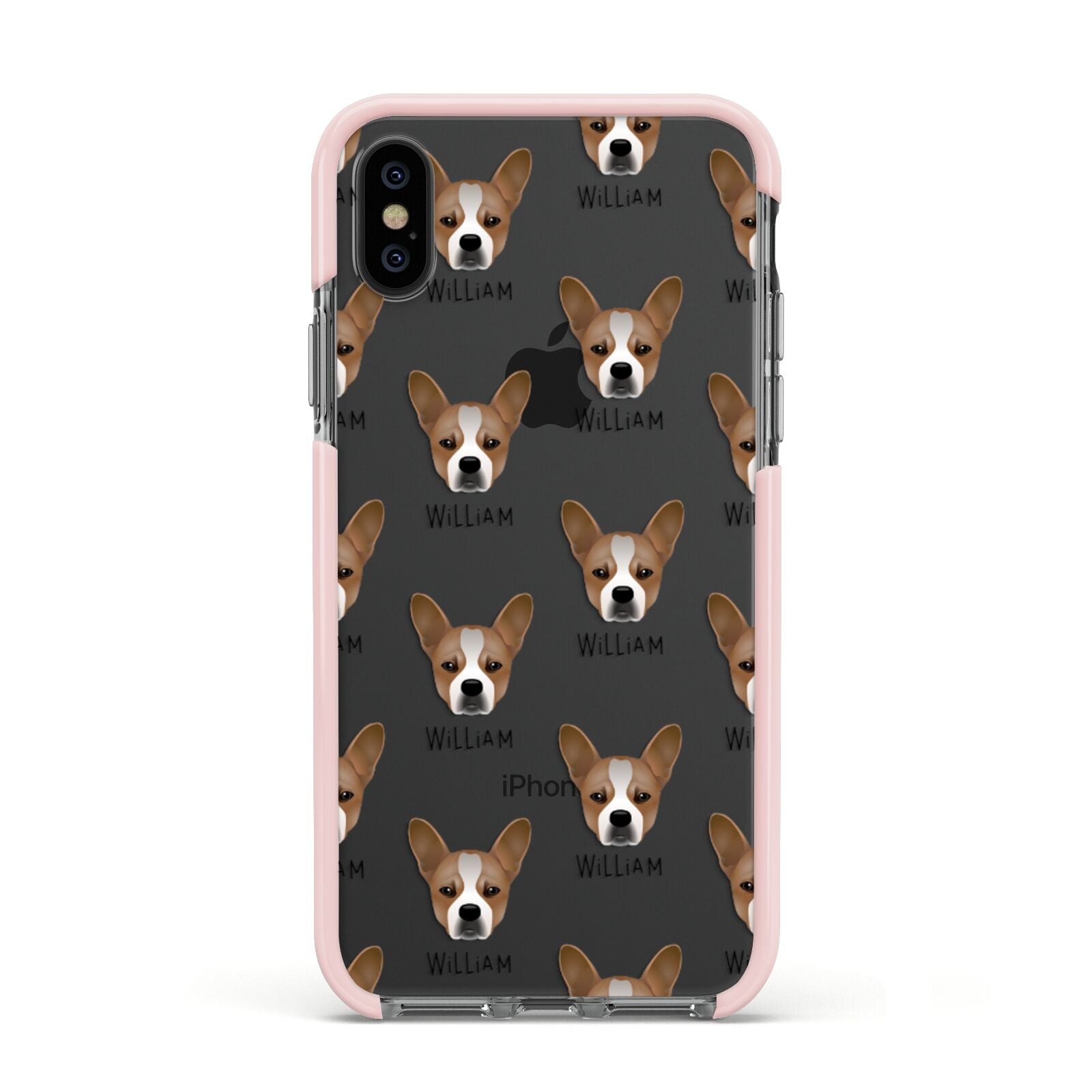 French Bull Jack Icon with Name Apple iPhone Xs Impact Case Pink Edge on Black Phone