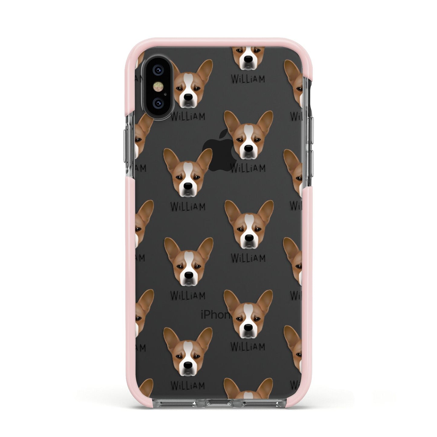 French Bull Jack Icon with Name Apple iPhone Xs Impact Case Pink Edge on Black Phone