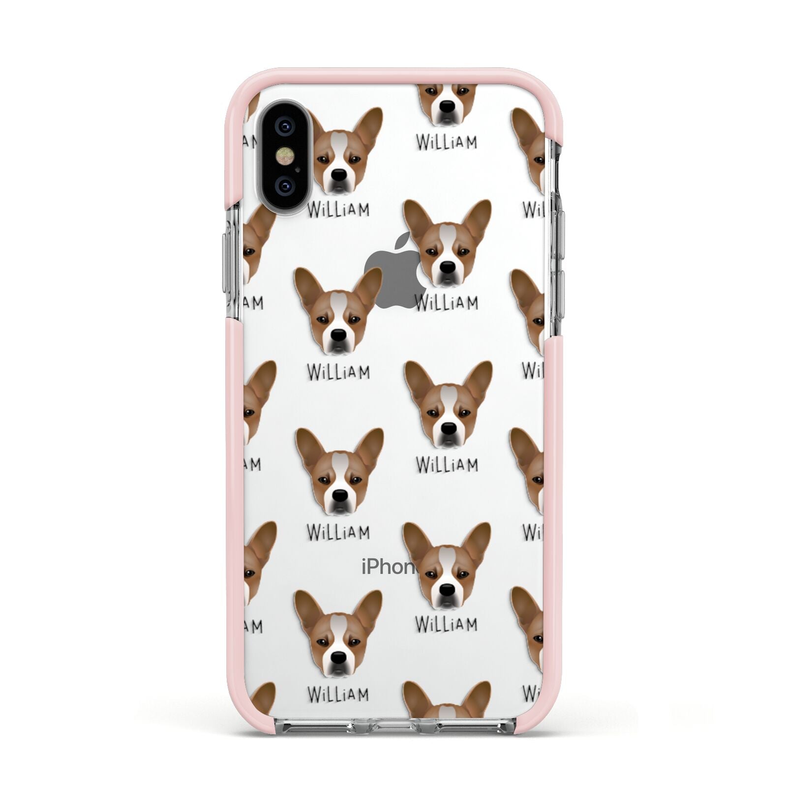 French Bull Jack Icon with Name Apple iPhone Xs Impact Case Pink Edge on Silver Phone